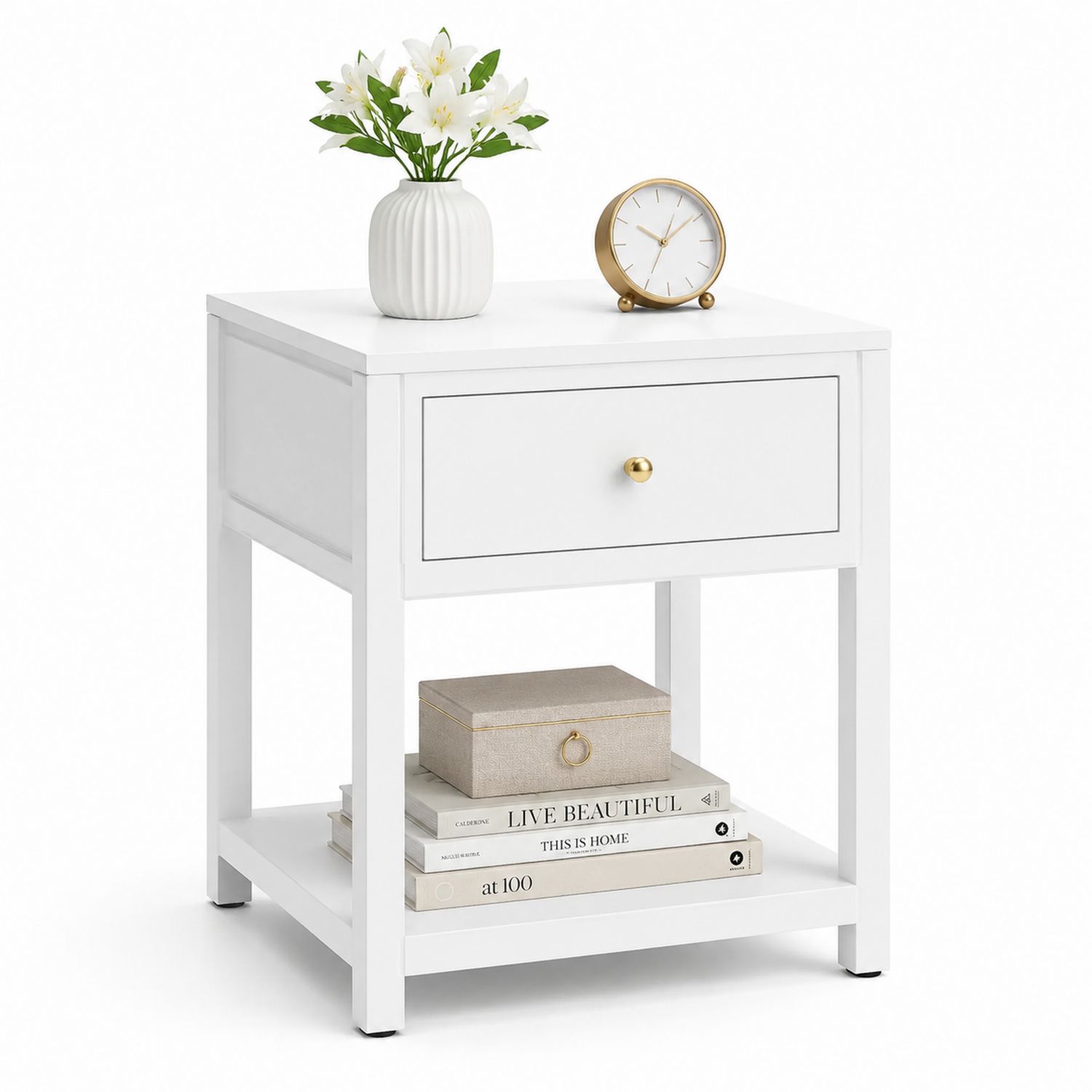 Mesita de noche de MDF blanca con cajón y estante 40x30x60 cm-Omnilevar
