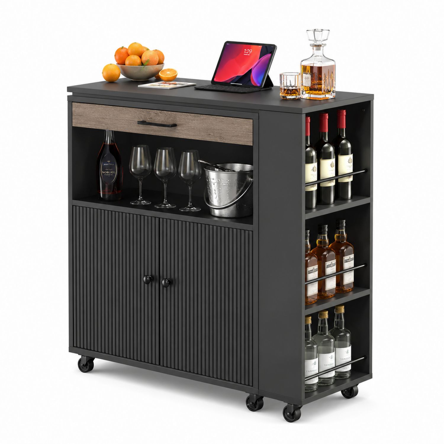 Carro de Bar Móvil de MDF y Acero Negro 80x40x90 cm-Omnilevar