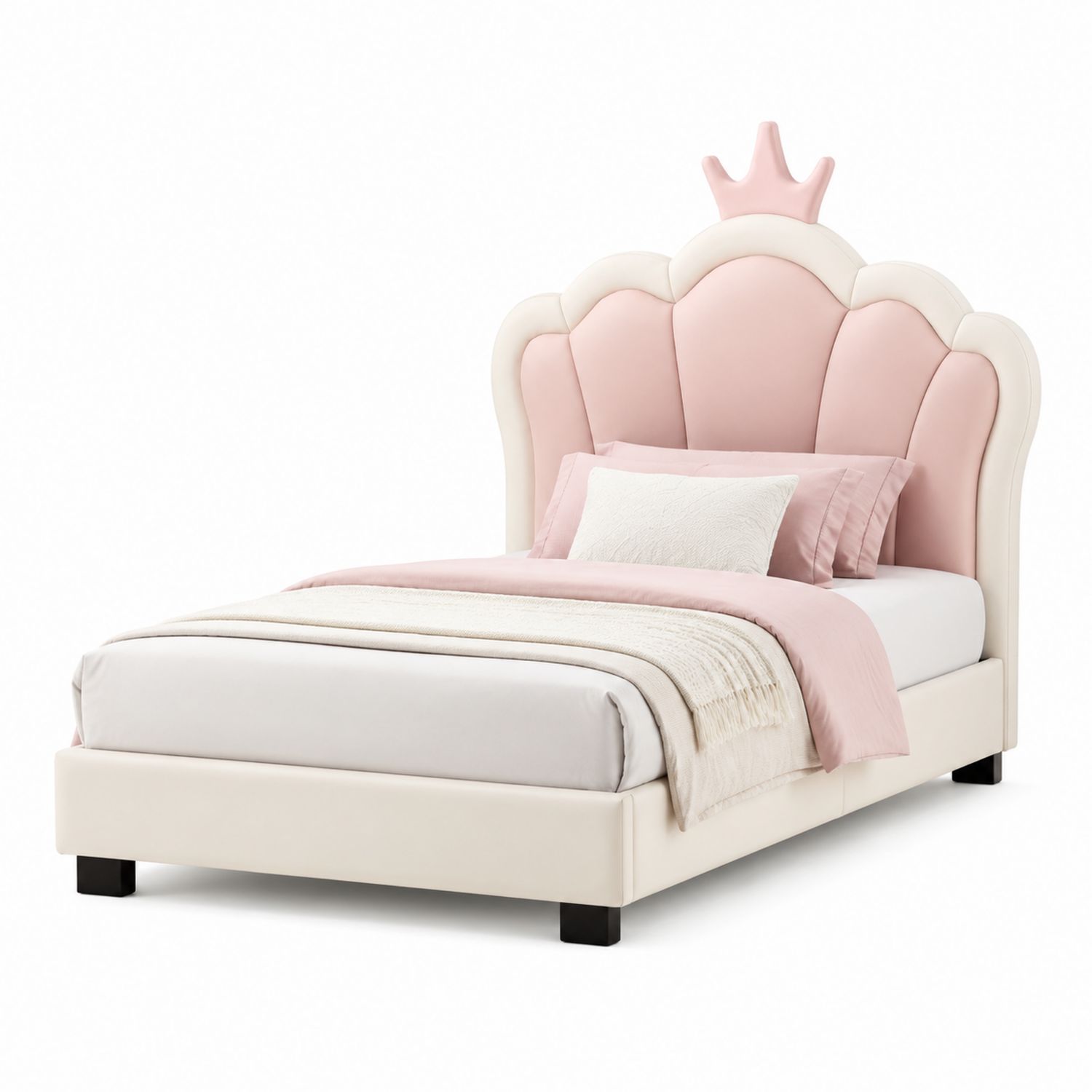 Cama Infantil Forma de Corona Tapizada Rosa y Blanco 190x100cm-Omnilevar