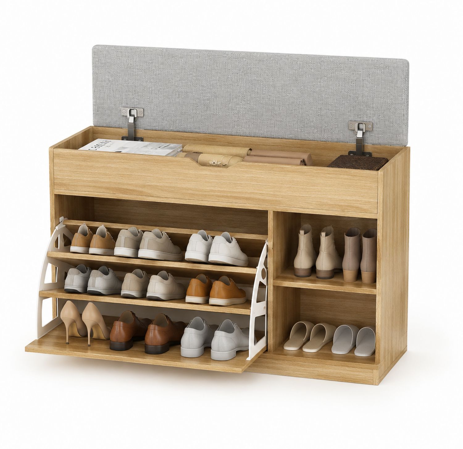 Zapatero de Madera con Cojín Abatible y Estantes Ajustables 120x40x50 cm-Omnilevar