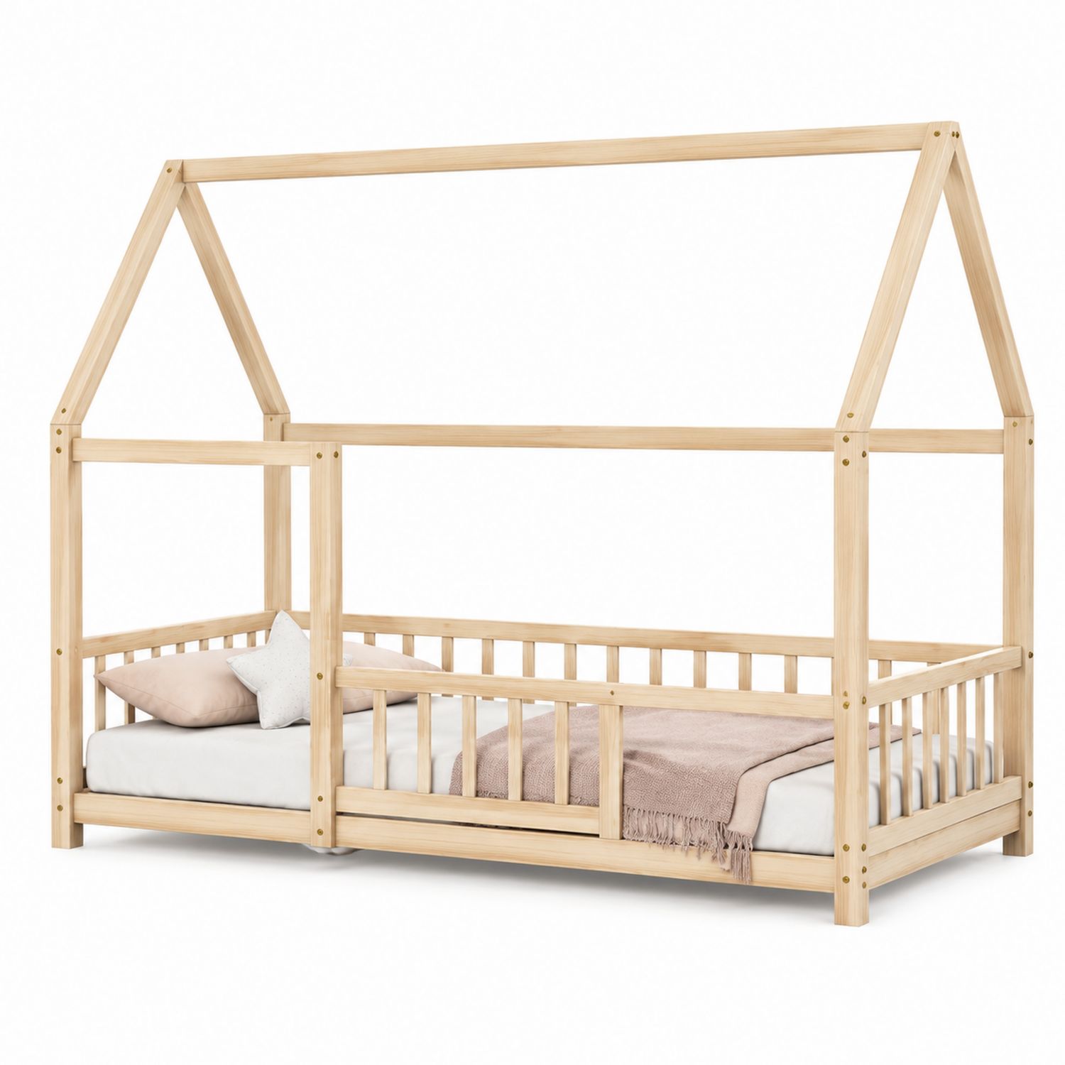 Cama infantil de madera de pino en forma de casa con colchón y almohada 190x90 cm-Omnilevar