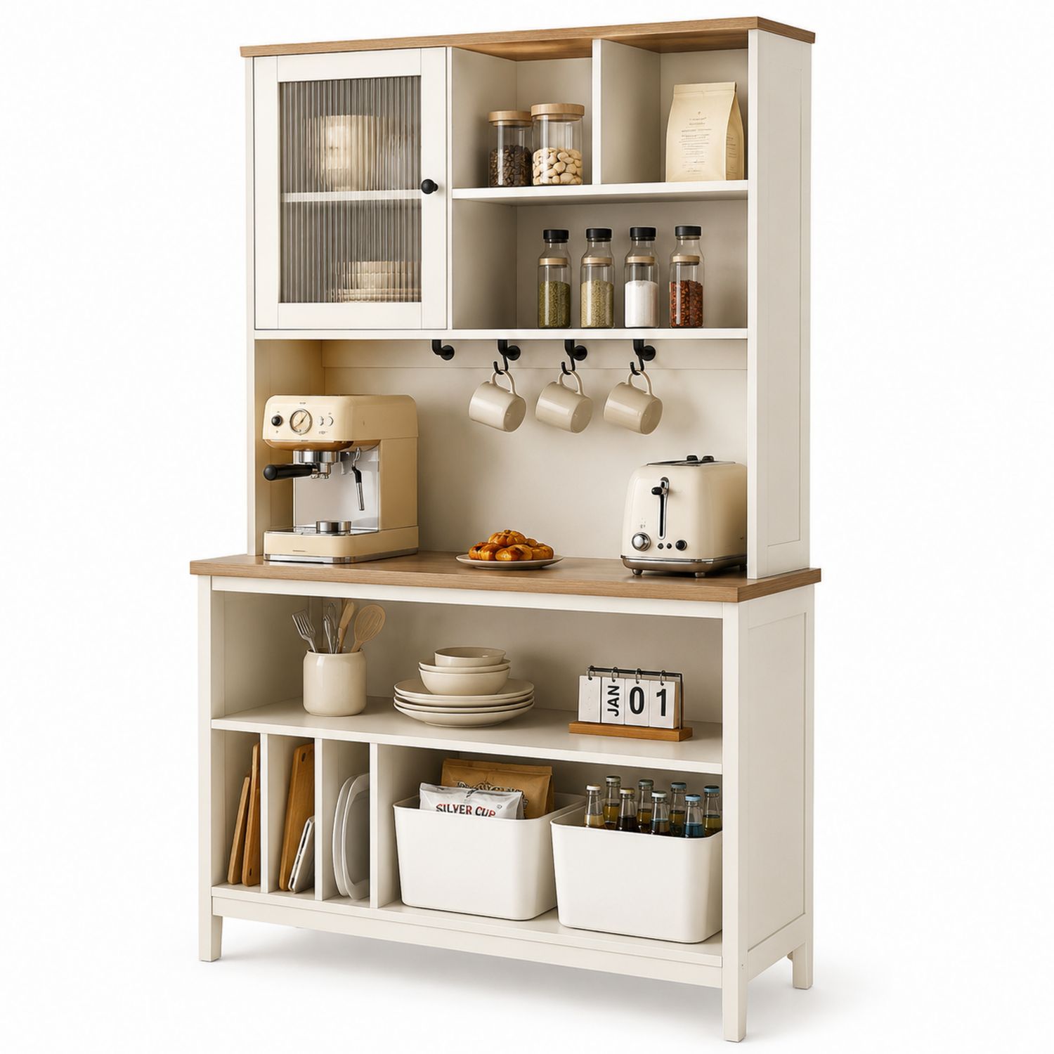 Gabinete de Cocina de MDF Blanco con Puerta de Vidrio y Estantes Abiertos-Omnilevar