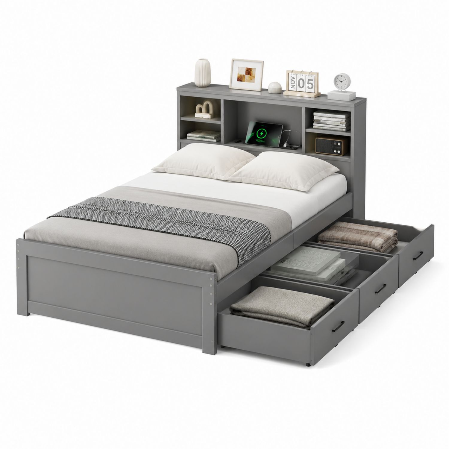 Cama con almacenamiento y estantería integrada gris 200x140 cm madera-Omnilevar