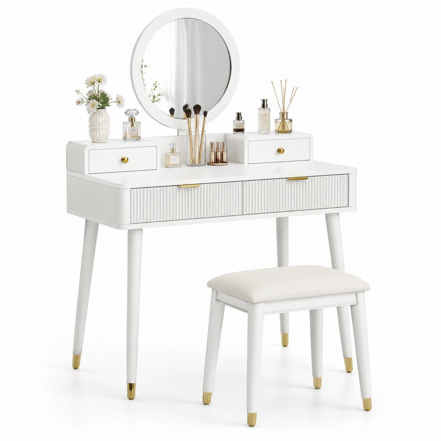 Tocador de Madera y Taburete con Espejo Redondo, Blanco-Omnilevar