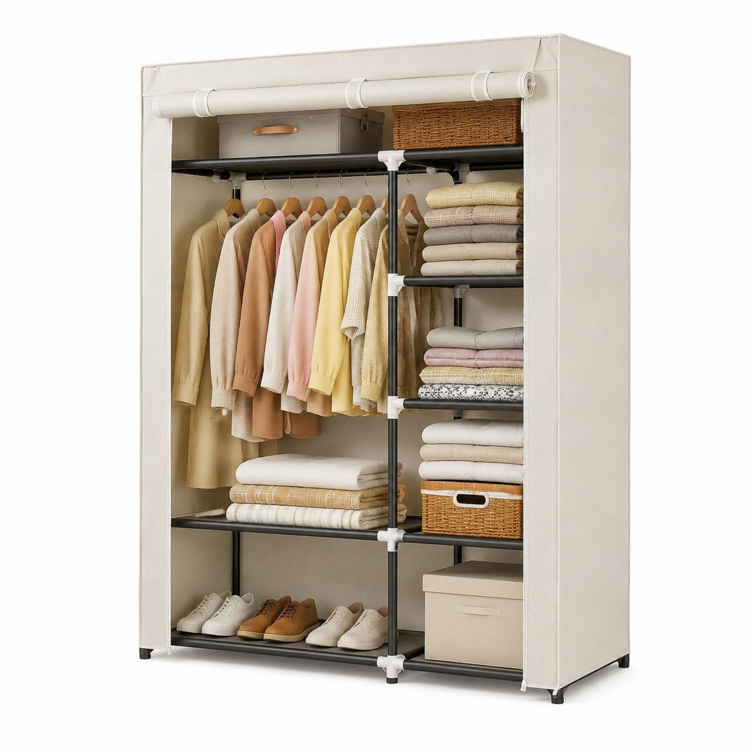 Armario portátil de tela no tejida con estructura de acero 160x45x175 cm Beige-Omnilevar