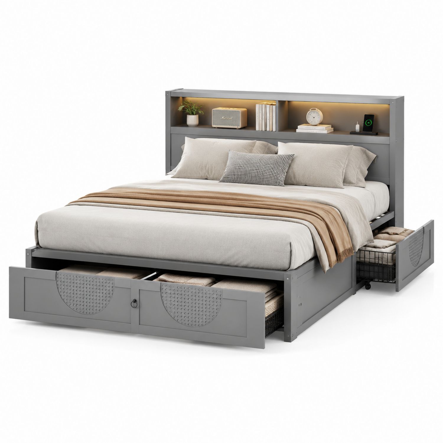 Cama doble de madera con almacenamiento y luz LED, Gris-Omnilevar