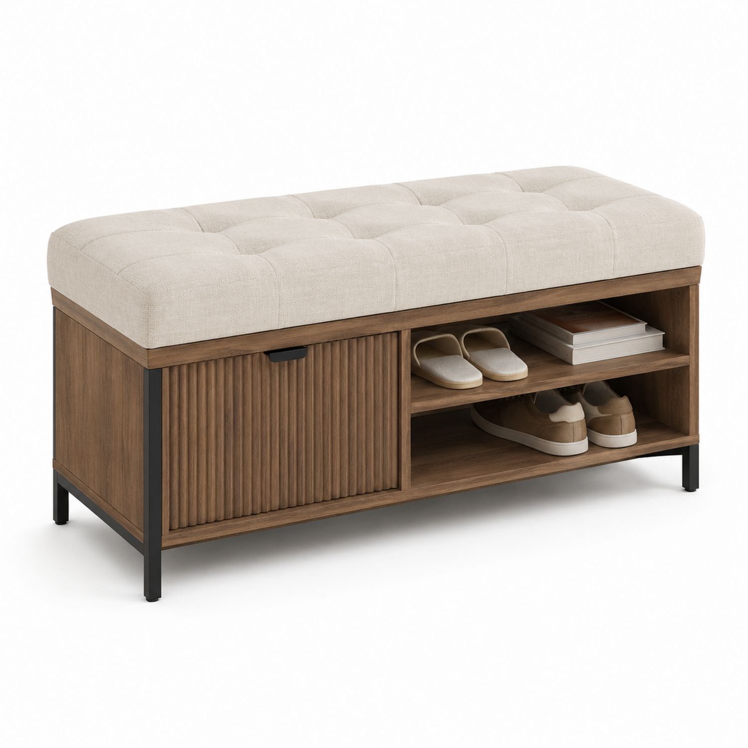 Banco de almacenamiento madera y metal con asiento de lino beige-Omnilevar