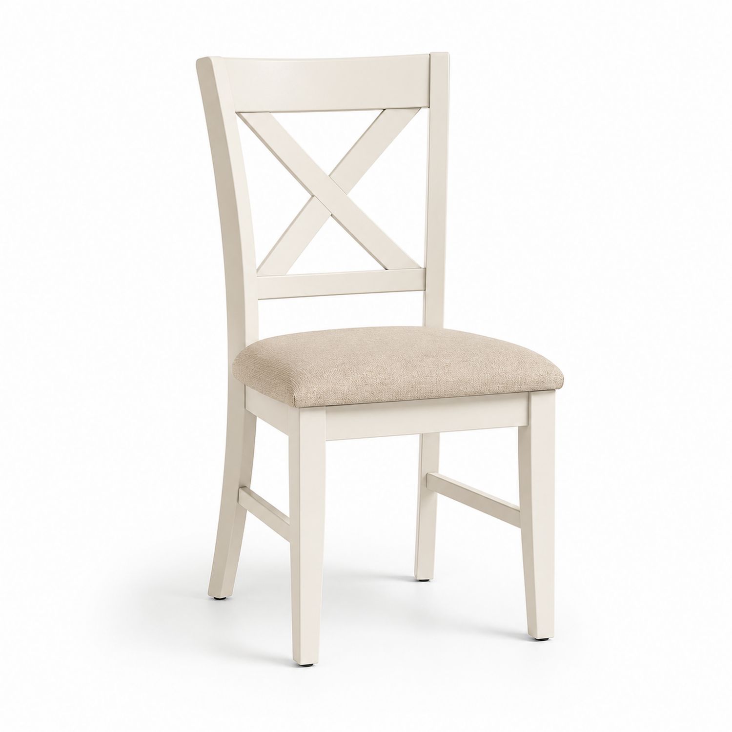 Silla de madera con respaldo en X y asiento de tela beige-Omnilevar