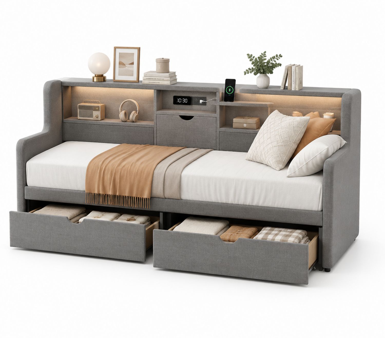 Cama individual con almacenamiento y tapizado gris-Omnilevar