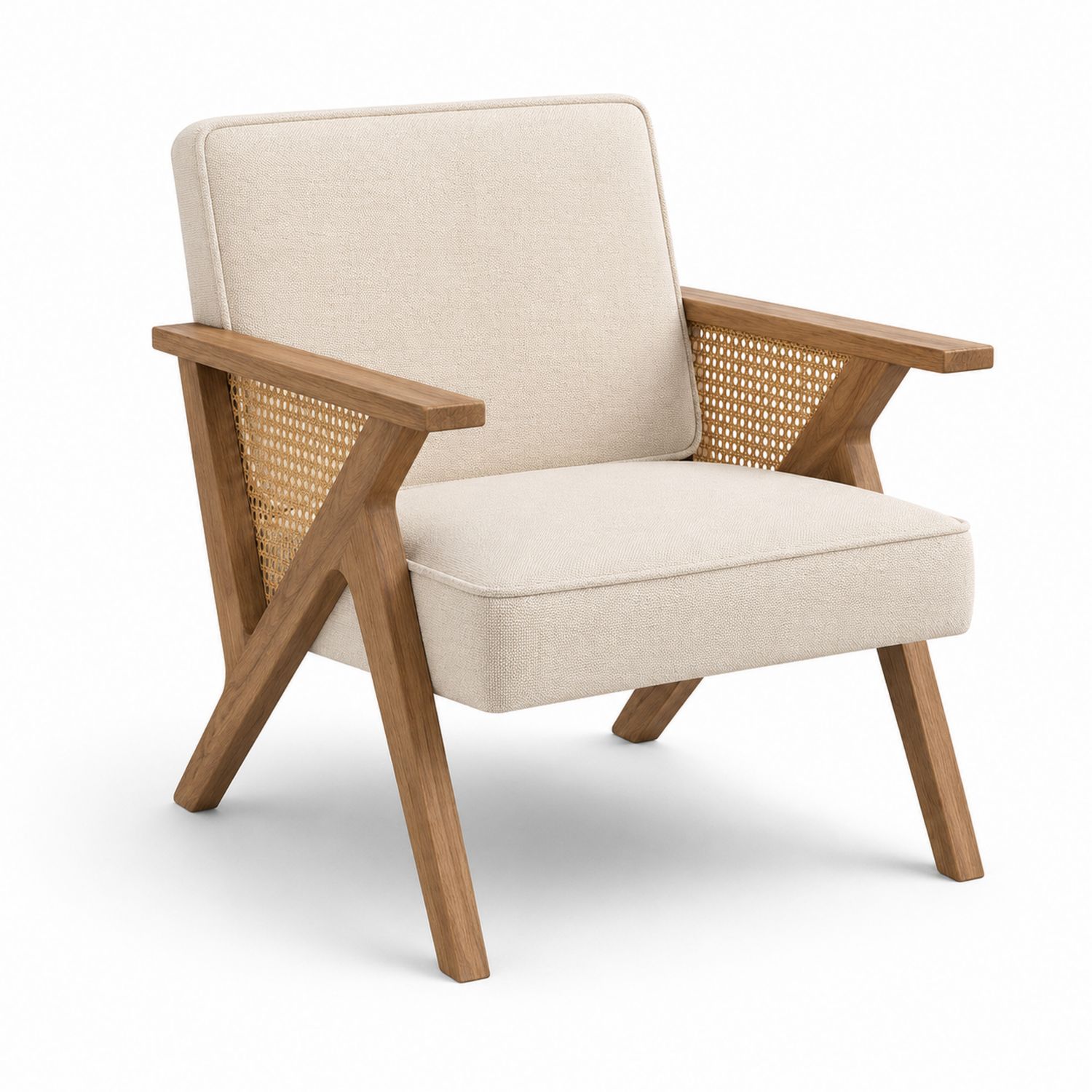 Silla de madera con reposabrazos de ratán y cojín de poliéster beige-Omnilevar