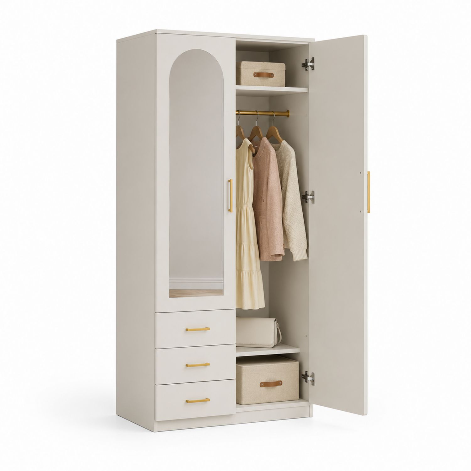 Armario de MDF Blanco con Espejo y Cajones 180x90x50 cm-Omnilevar