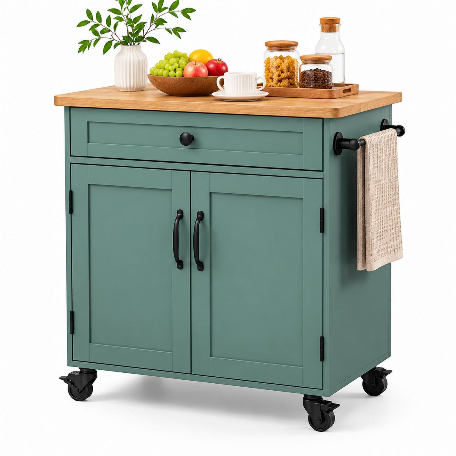 Carro de Cocina con Ruedas y Encimera de Madera Verde-Omnilevar