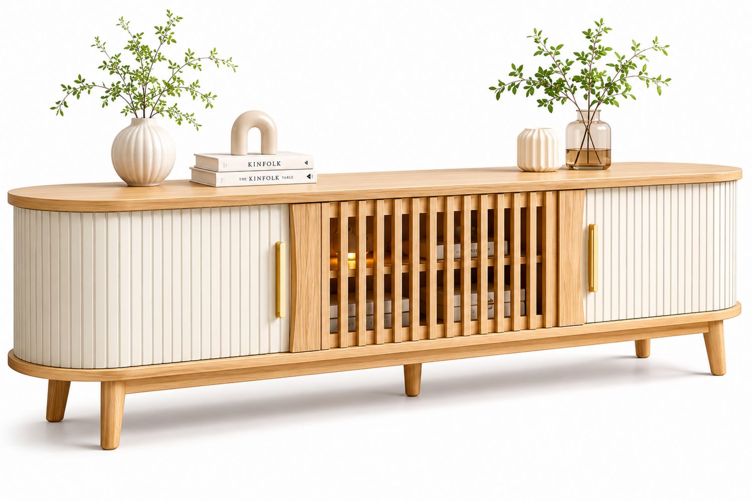 Mueble de TV de madera y MDF con puertas correderas color Blanco y Roble 180cm-Omnilevar