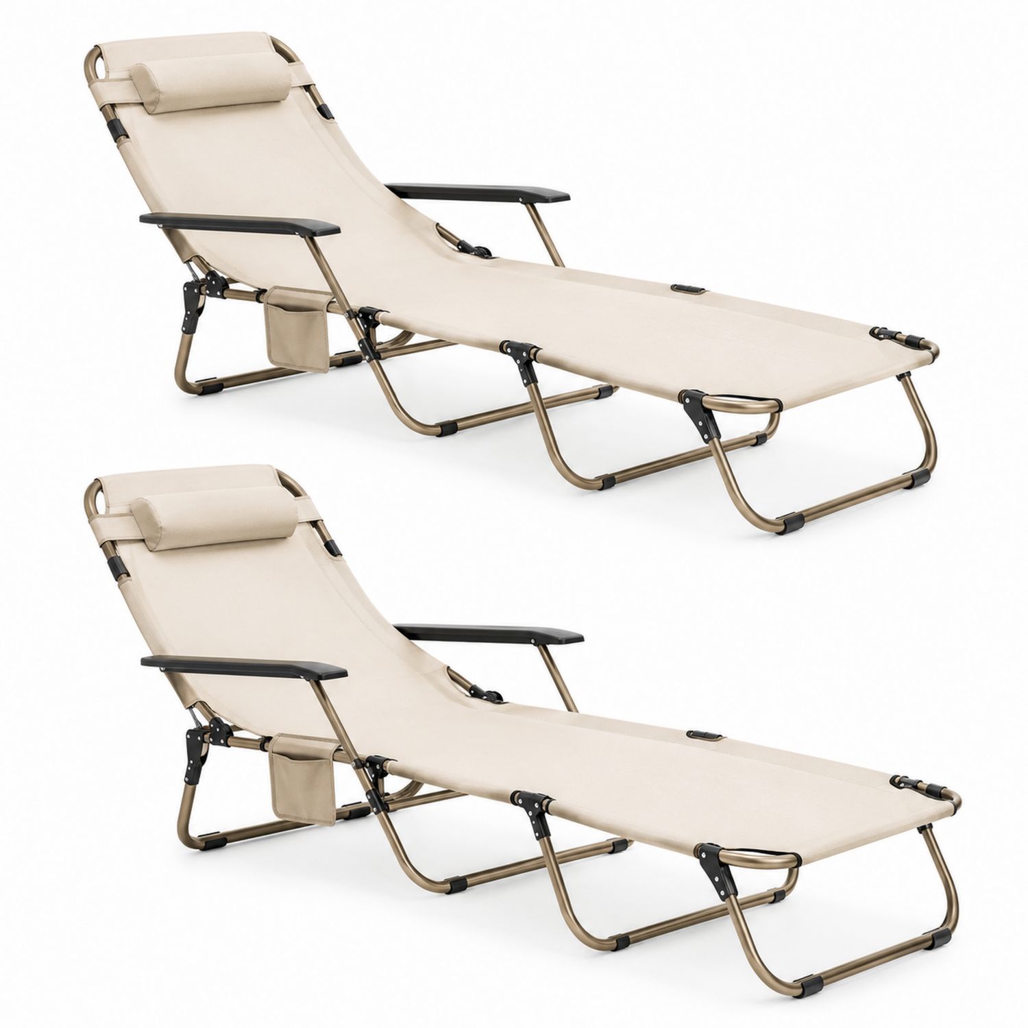 Tumbonas de Exterior Plegables Beige con Reposabrazos y Reposacabezas Pack de 2-Omnilevar