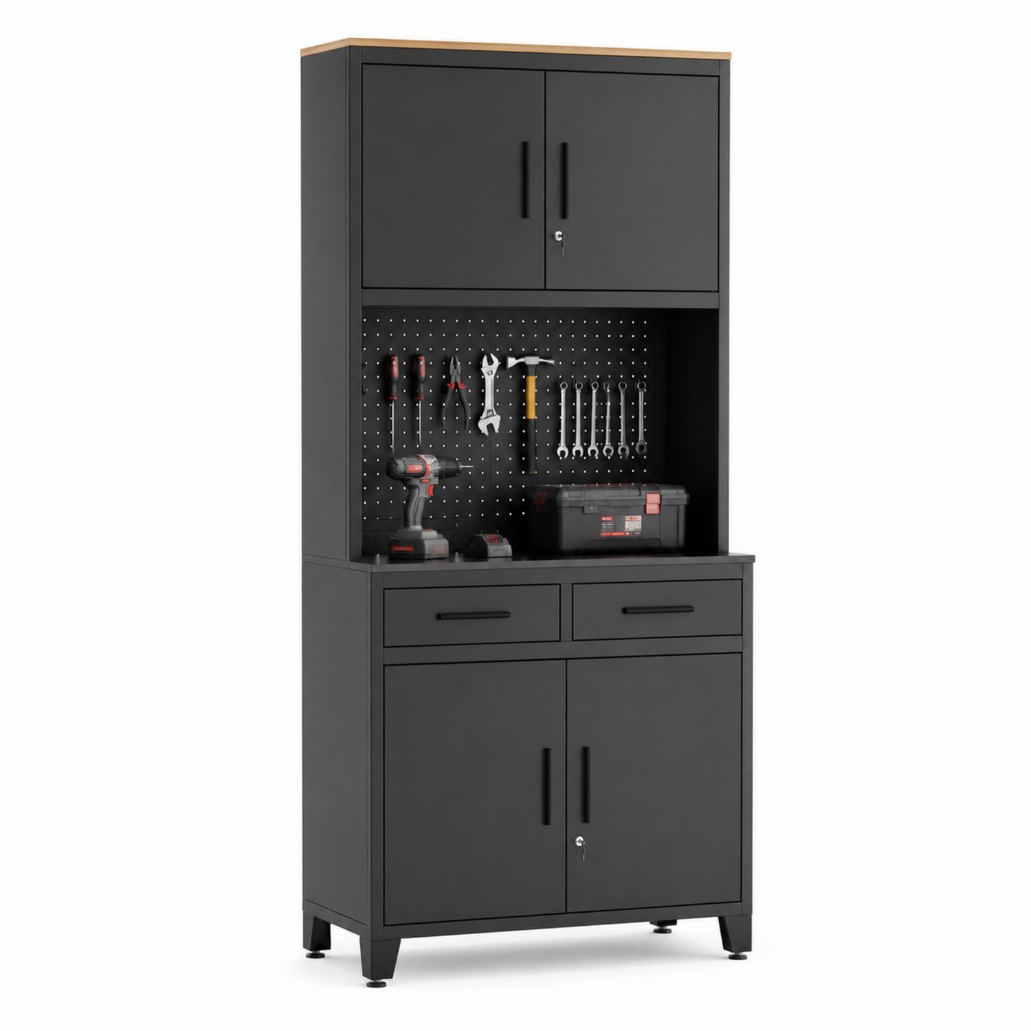 Gabinete de metal negro con estantes y panel perforado-Omnilevar