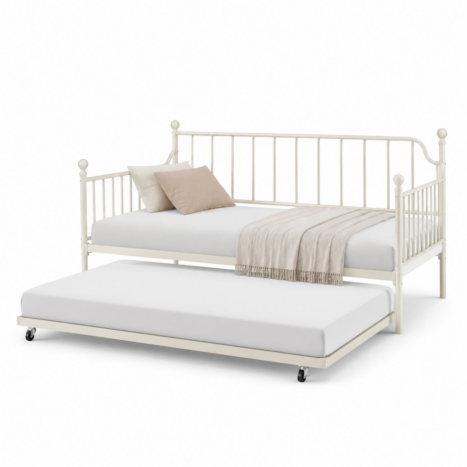 Cama nido de metal crema con colchones de espuma, 200x90 cm-Omnilevar