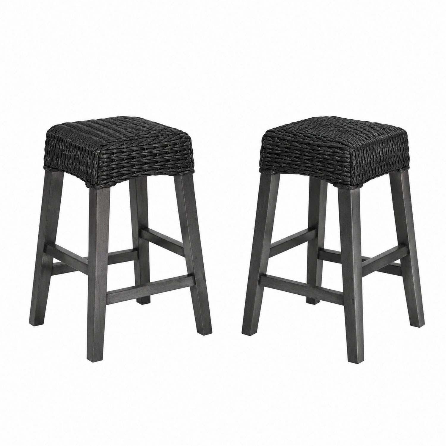 Lot de 2 tabourets de bar en bois et rotin tressé noir 68 cm