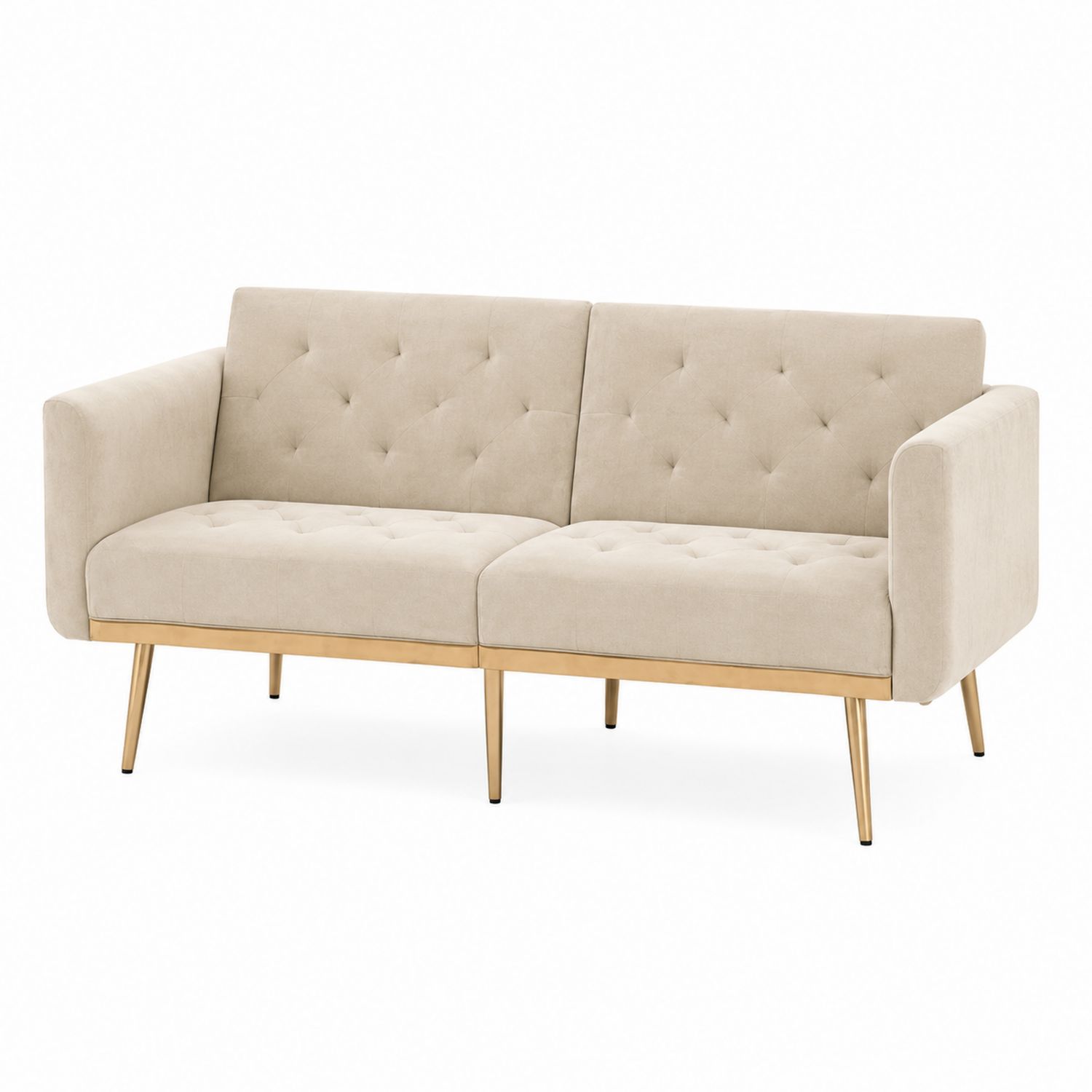 Canapé 2 places en tissu polyester beige avec pieds en métal doré