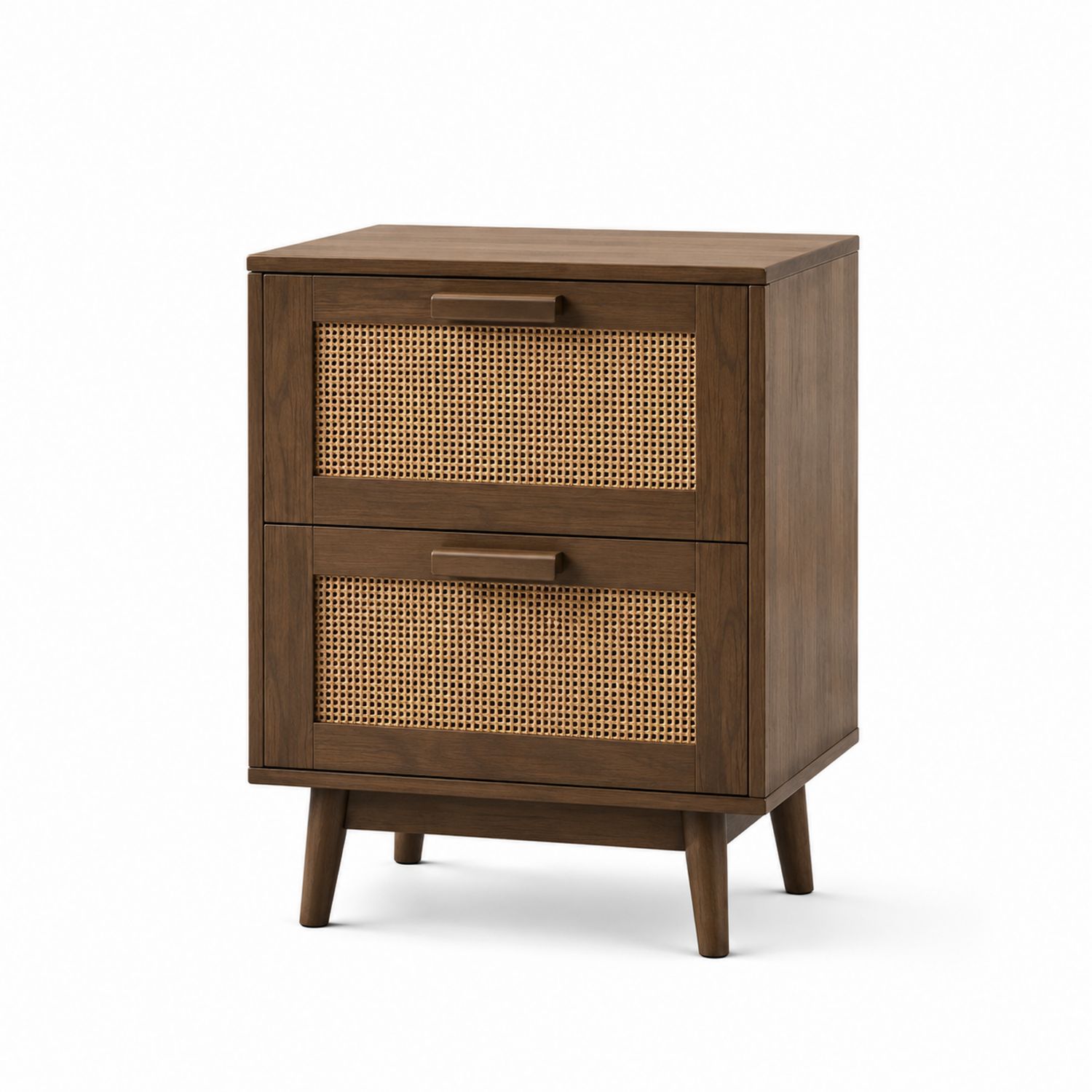 Table de chevet en bois et rotin avec 2 tiroirs
