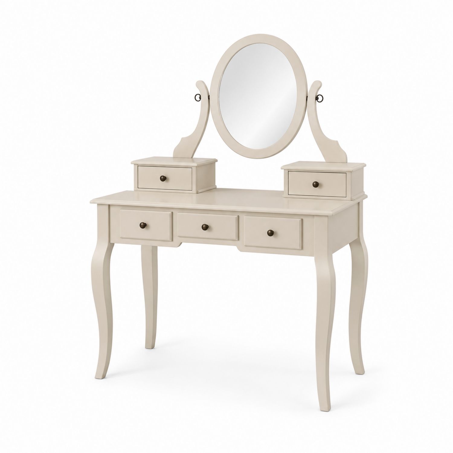 Coiffeuse en bois avec miroir ovale et 5 tiroirs Beige