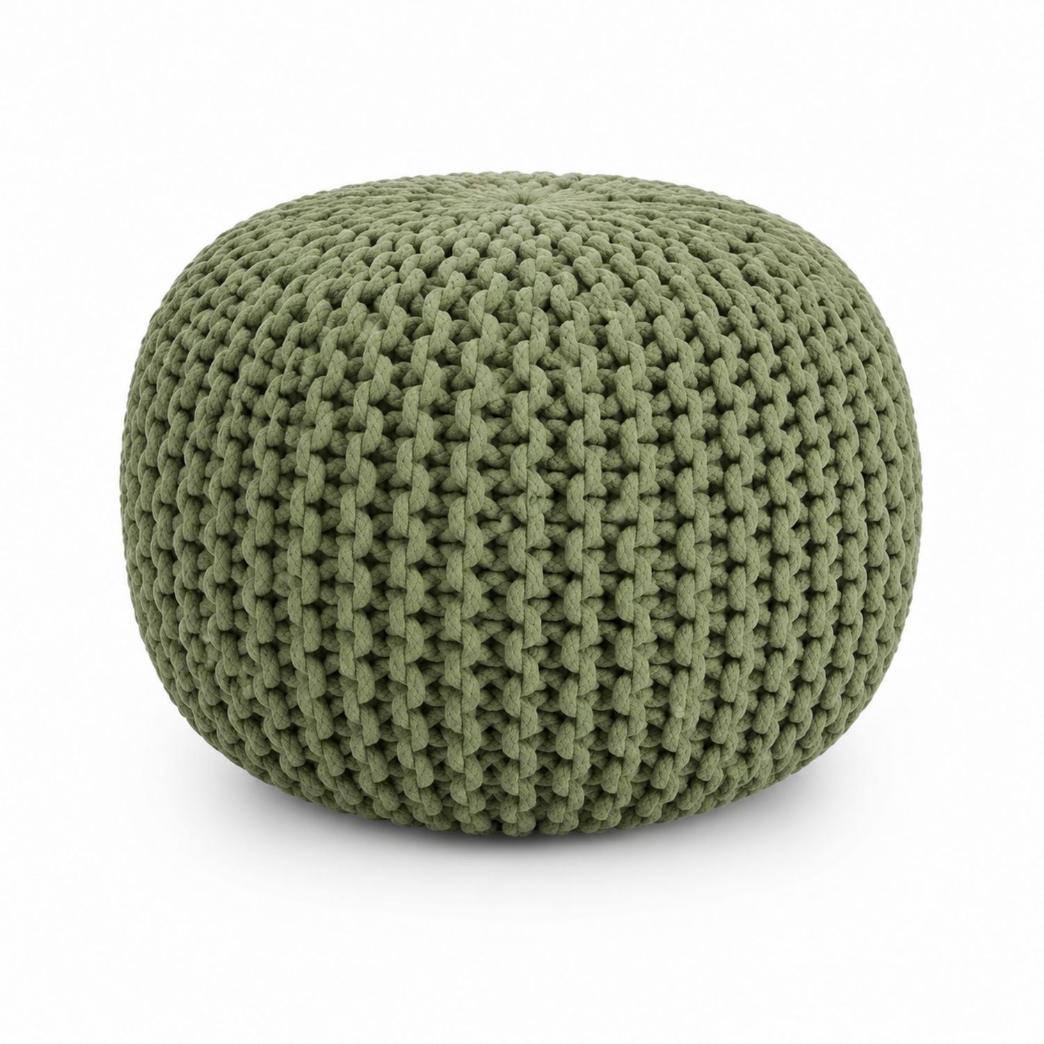 Pouf Rond en Coton Tricoté Vert Olive