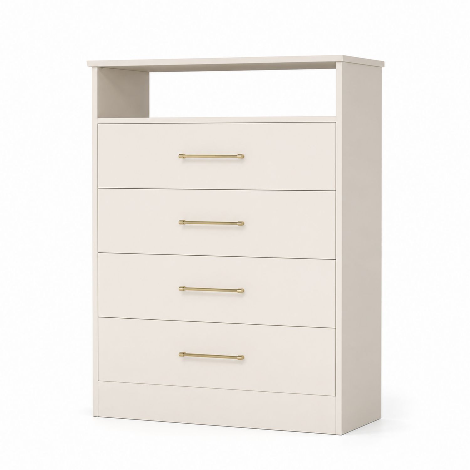 Commode haute 4 tiroirs avec poignées en métal, Bois MDF, Blanc cassé, 120 x 80 x 40 cm