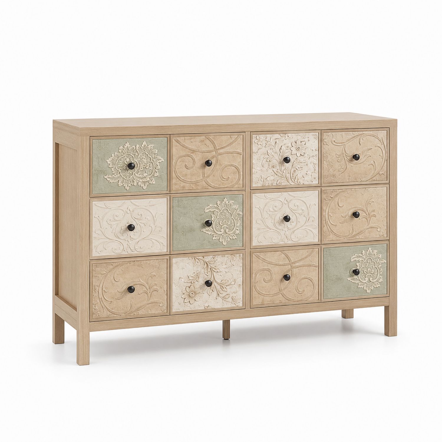 Commode en Bois avec 12 Tiroirs Sculptés Multicolores