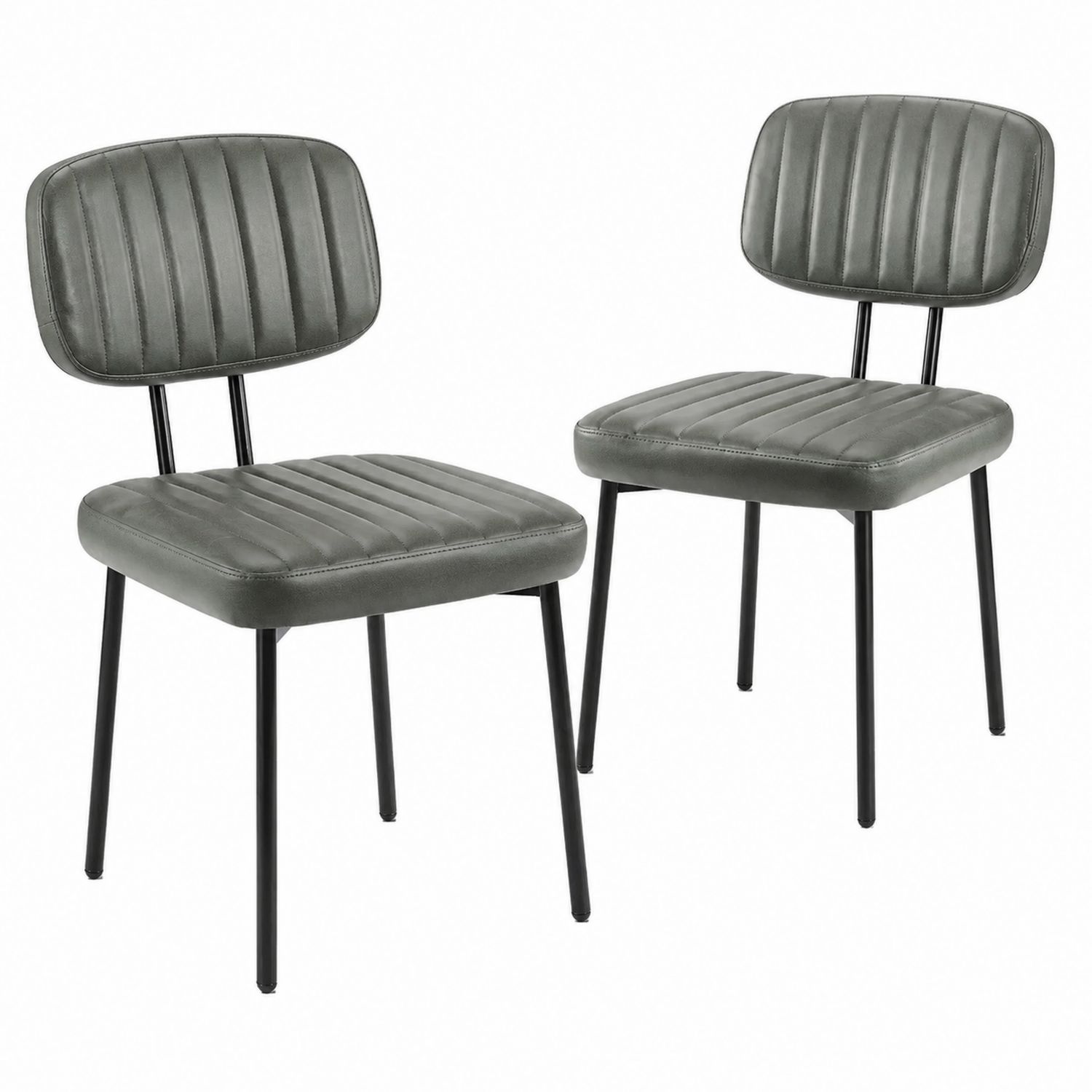 Chaise de salle à manger en cuir synthétique gris avec cadre en acier noir, ensemble de 2