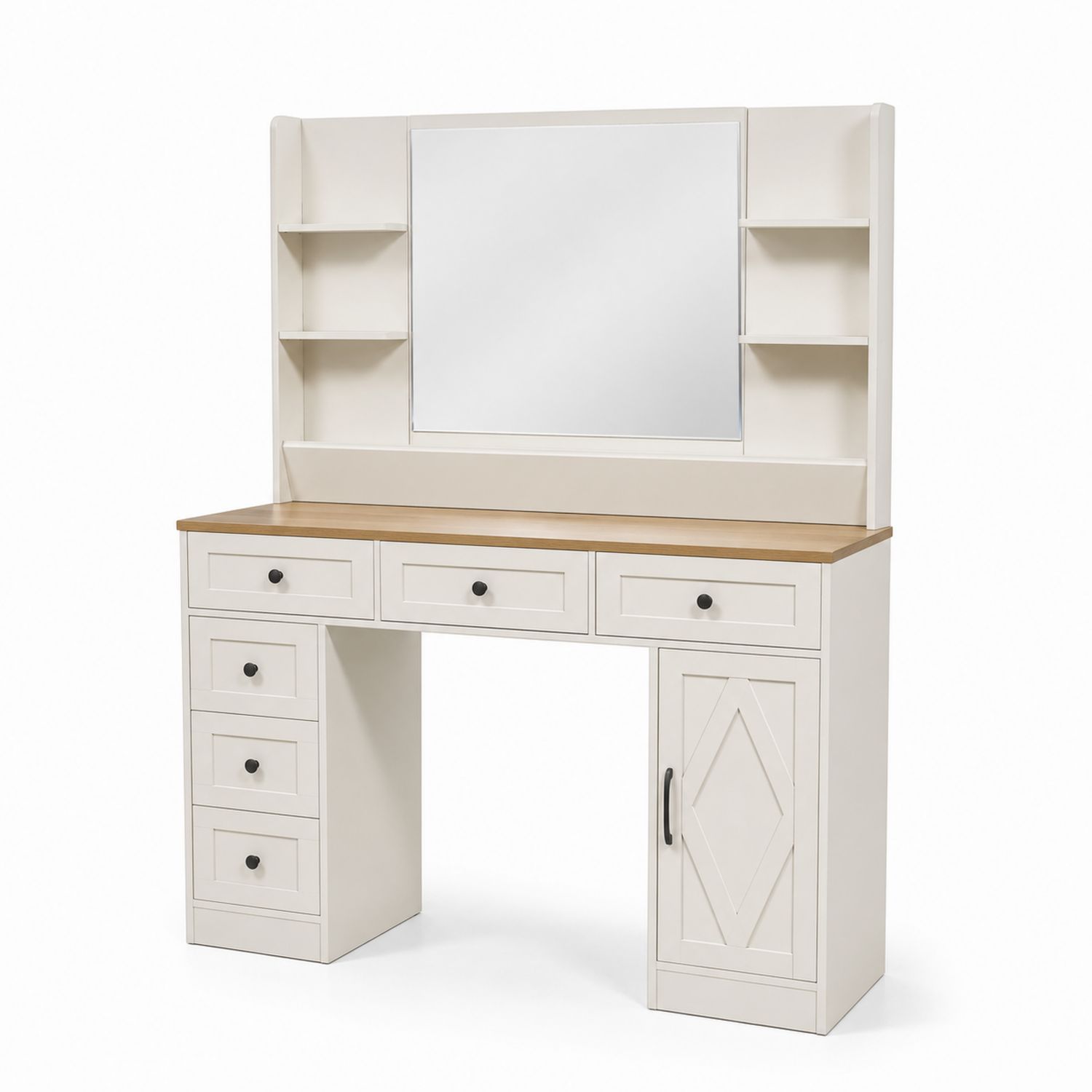 Coiffeuse MDF avec Miroir et Rangements Blanc et Bois