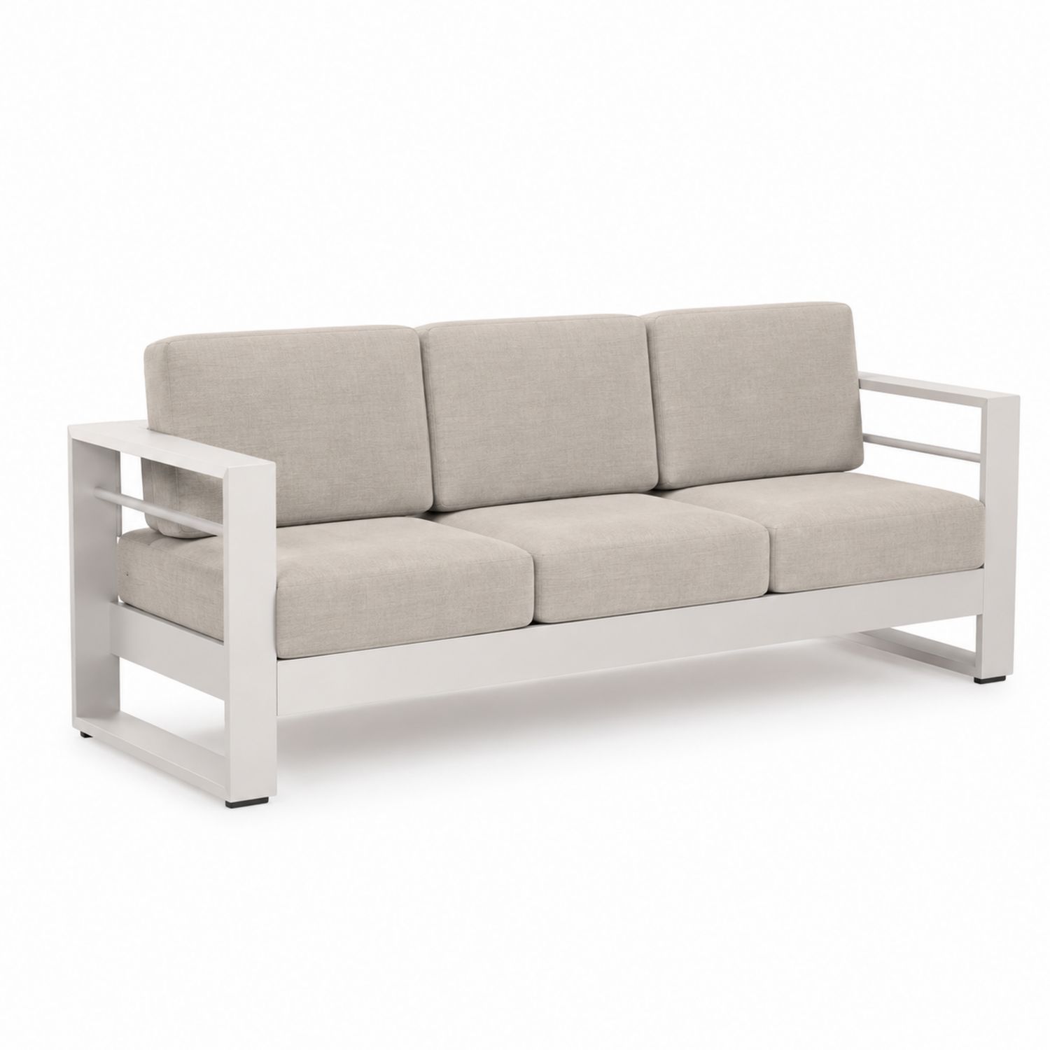 Canapé en métal à 3 places avec coussins en tissu gris