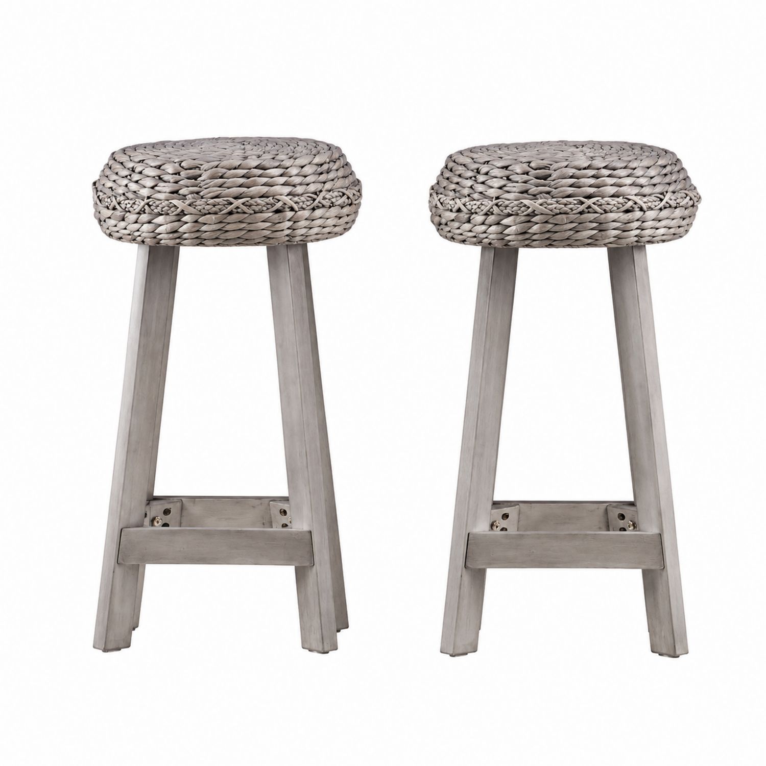 Tabourets en bois et fibre végétale tressée Gris
