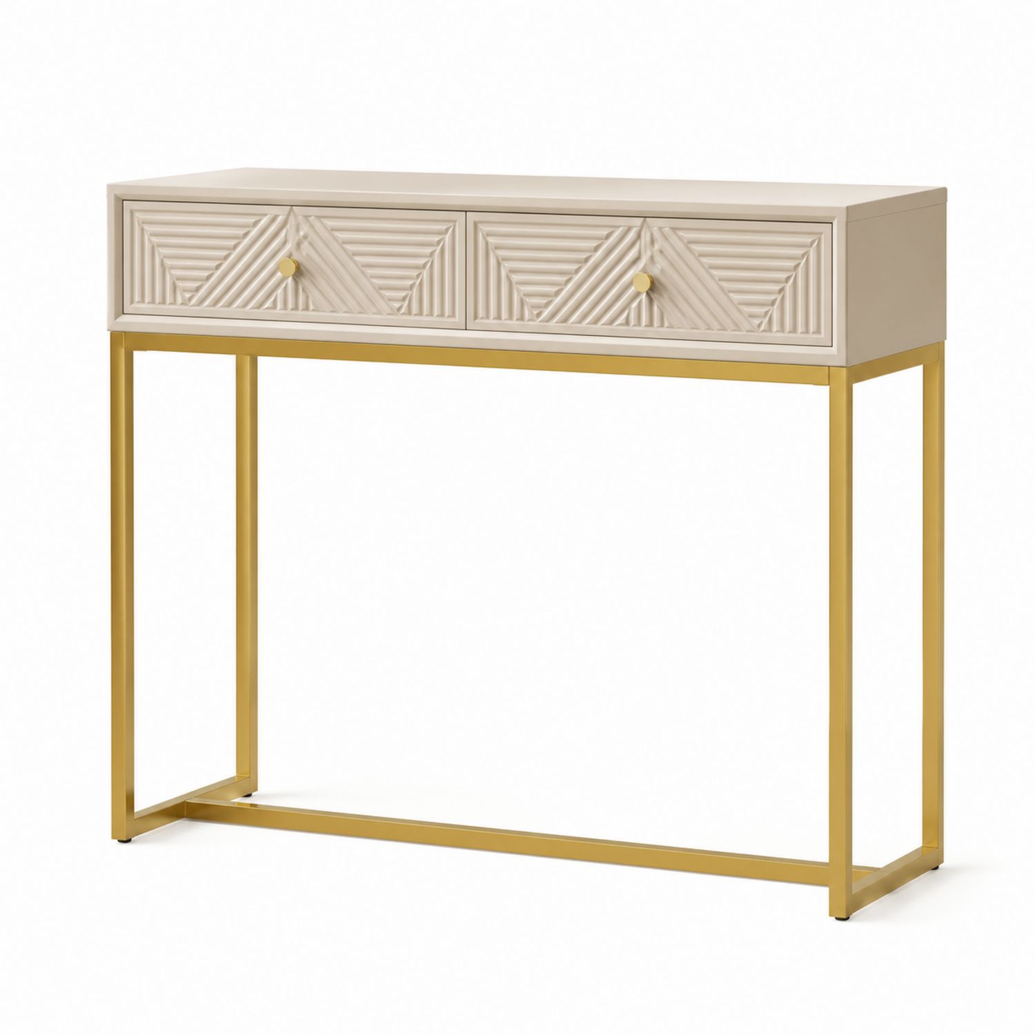 Table console en bois avec deux tiroirs et cadre en métal doré 120 cm