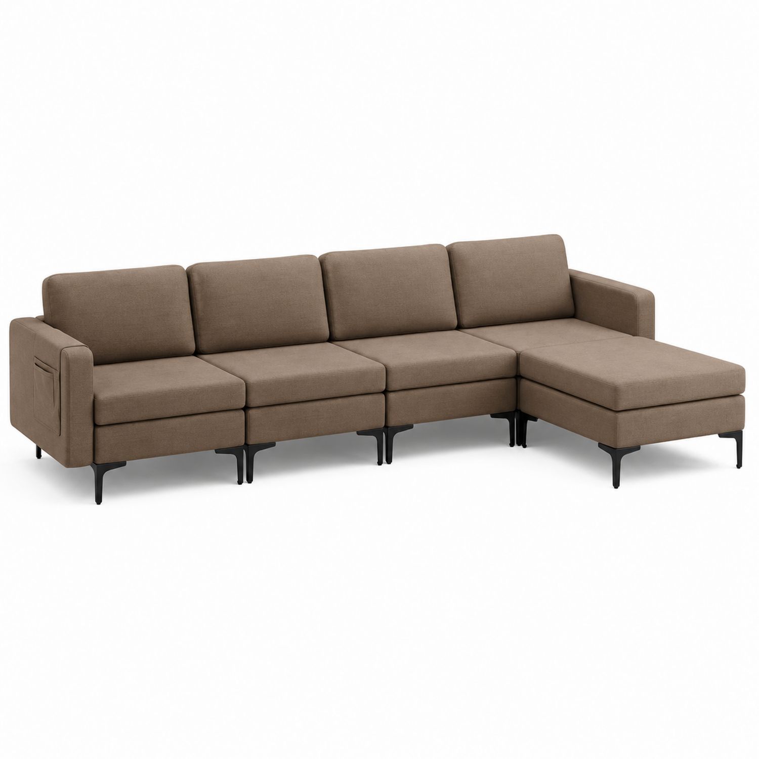 Canapé d'angle modulaire en tissu marron avec accoudoir, structure en métal, 290 cm