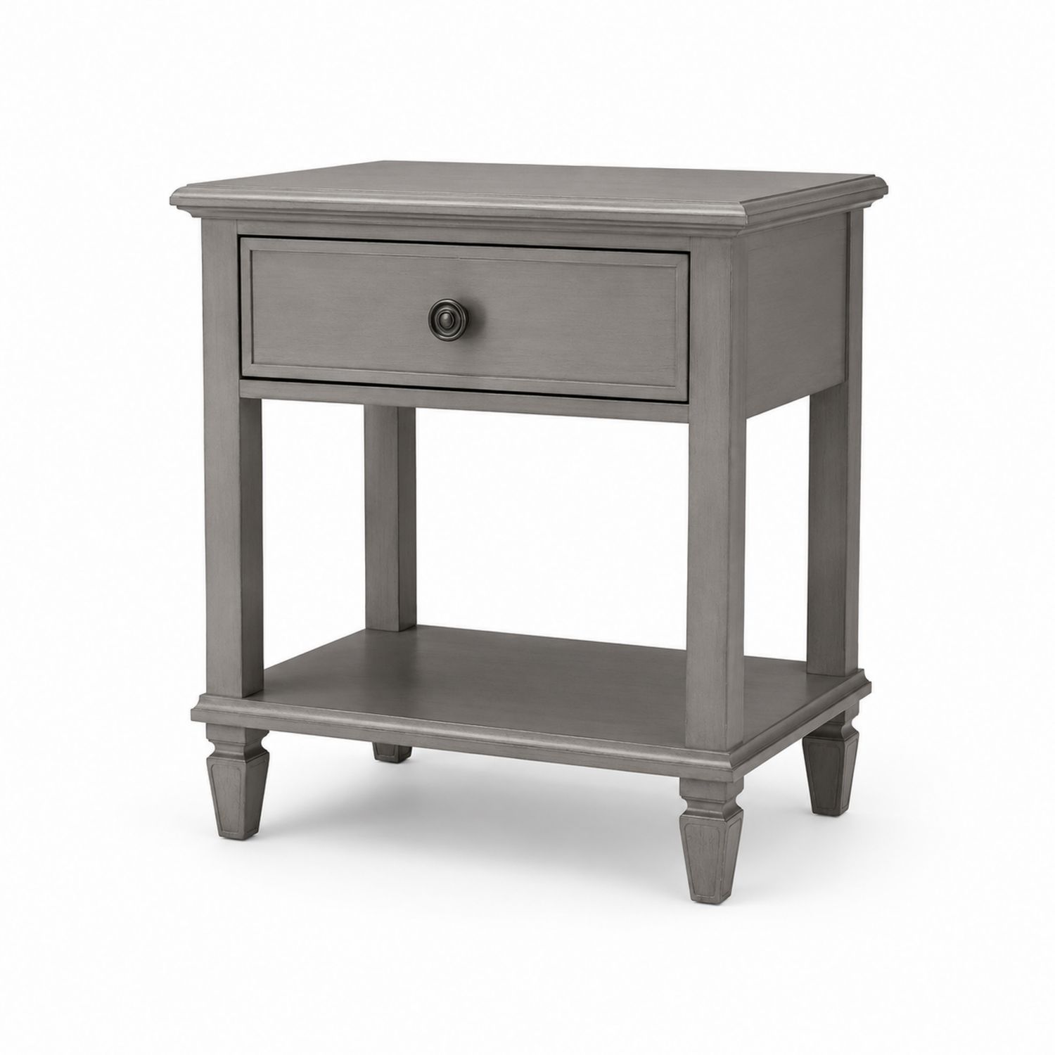 Table de chevet en bois gris avec tiroir et étagère