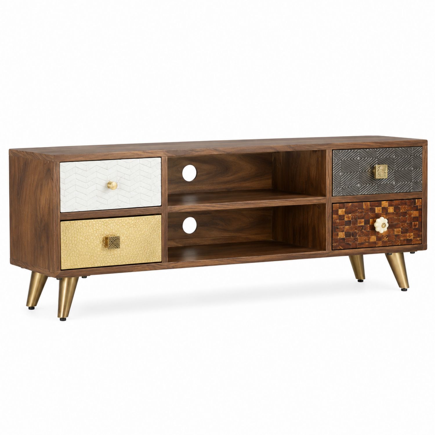 Meuble TV en bois avec tiroirs multicolores