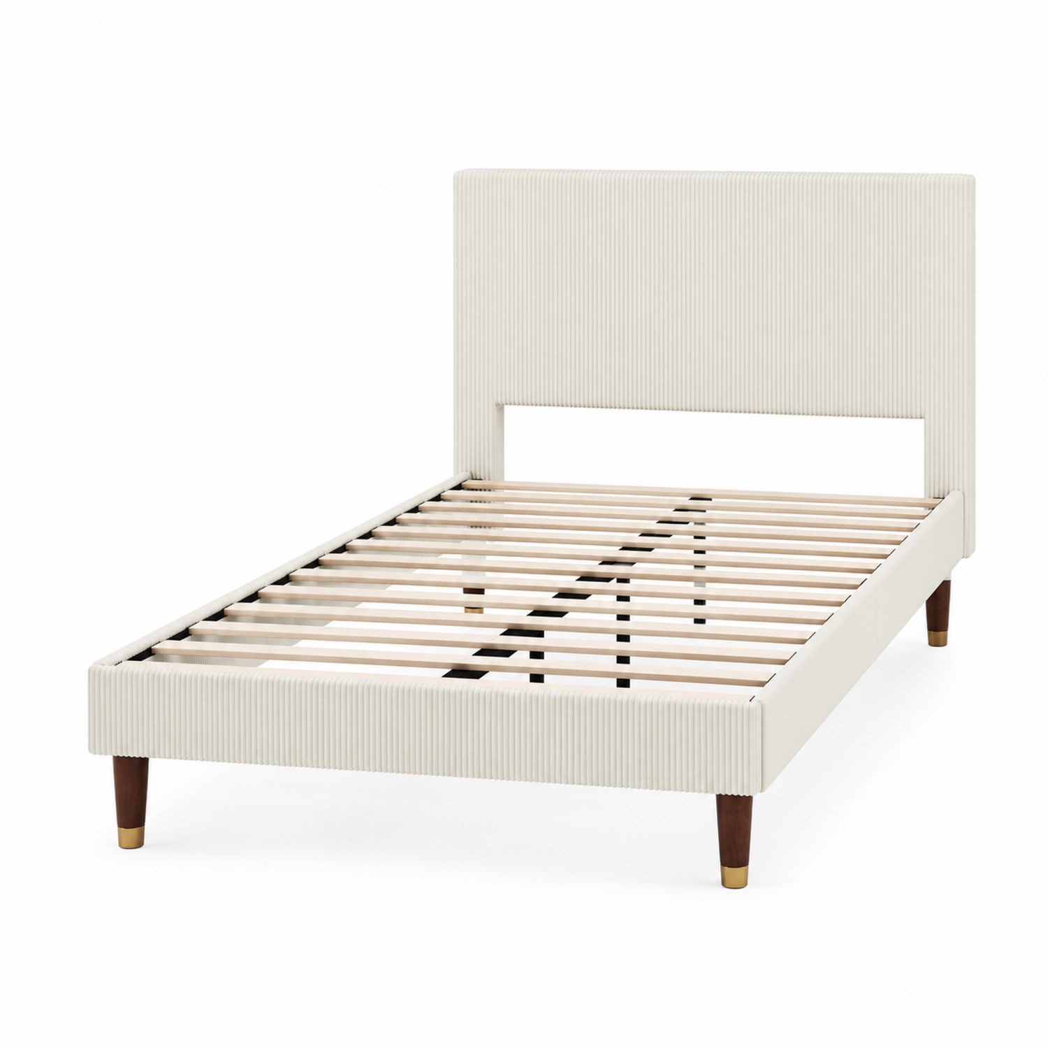 Lit simple en tissu avec pieds en bois, Beige