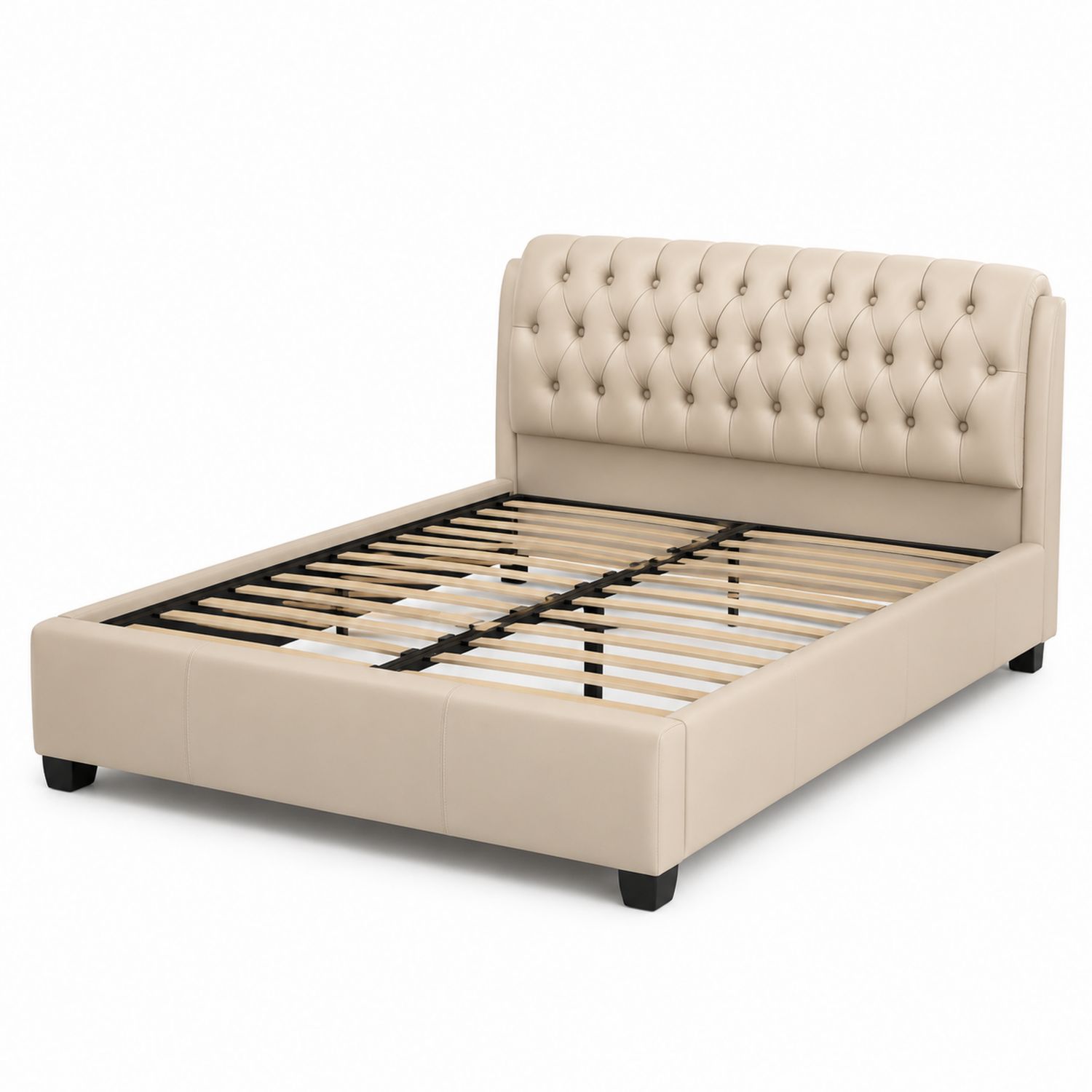 Lit double en cuir synthétique beige avec tête de lit capitonnée