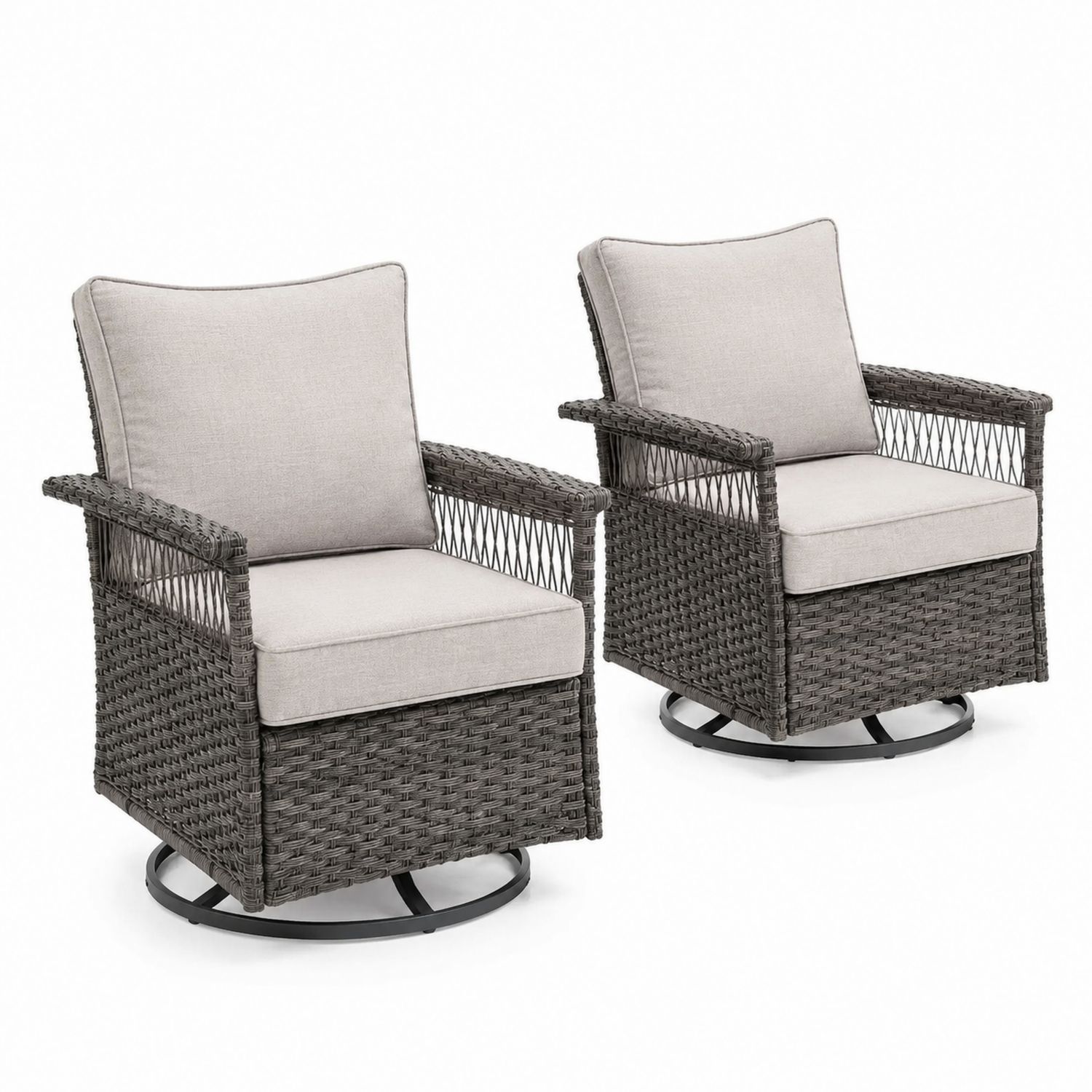 Lot de 2 chaises pivotantes en rotin avec coussins en tissu polyester gris