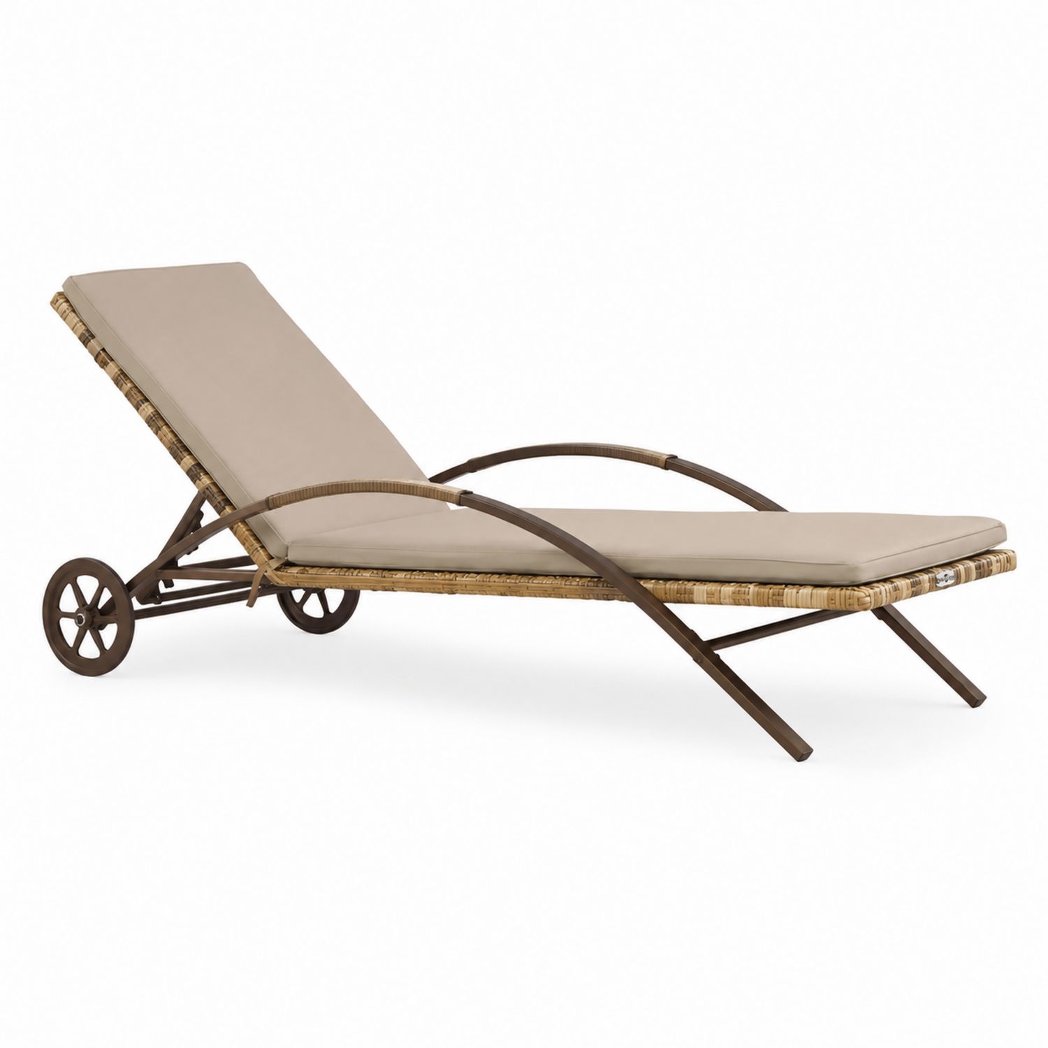 Chaise longue de jardin réglable en métal et rotin avec coussin beige