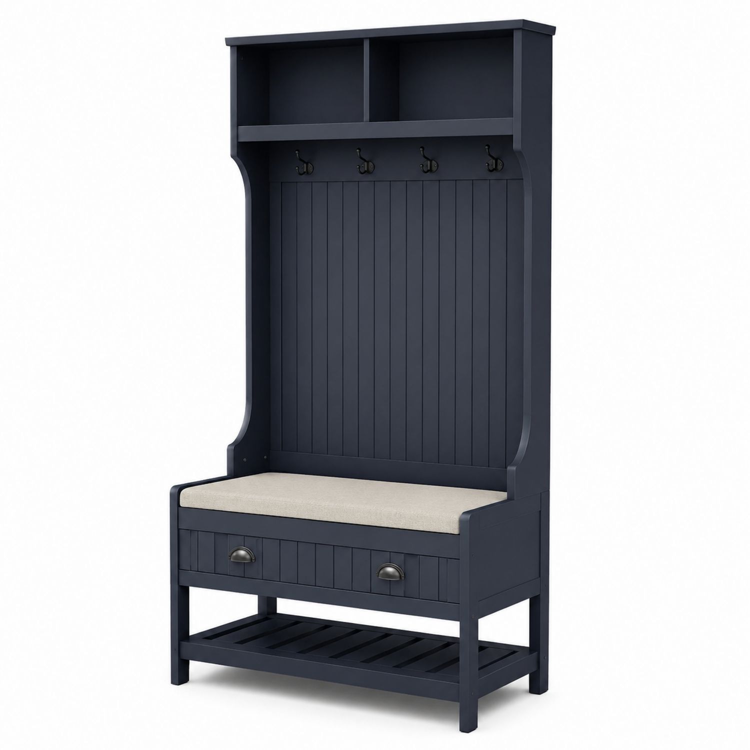 Meuble d'entrée en bois bleu foncé avec étagère et banc