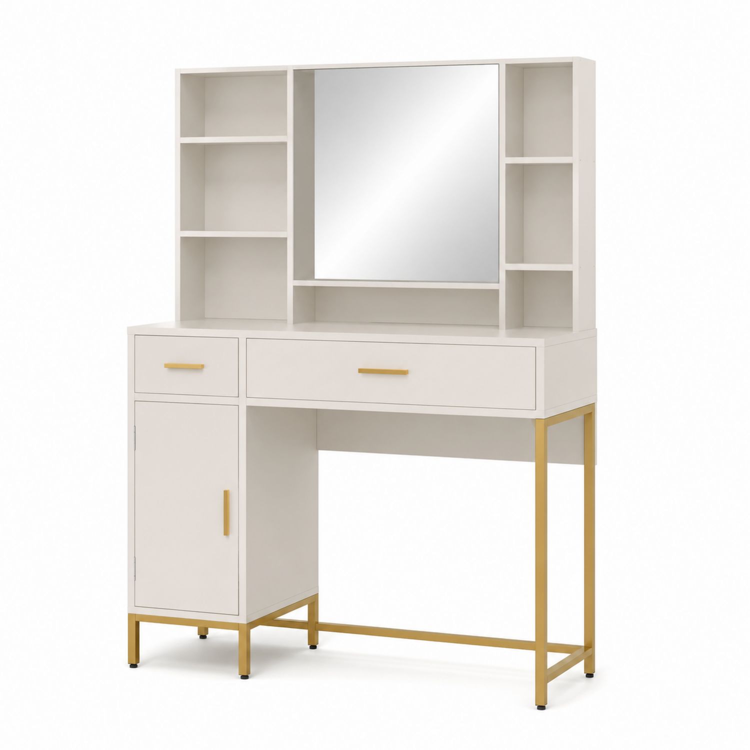 Coiffeuse en Bois et Métal avec Miroir et Étagères Blanc/Or