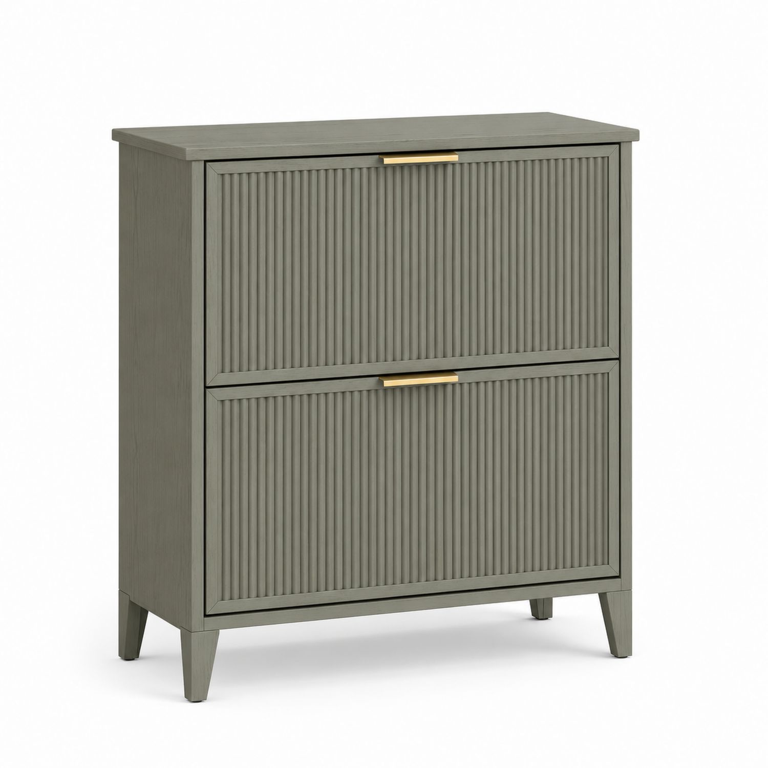 Meuble à chaussures en bois gris avec deux portes à lamelles