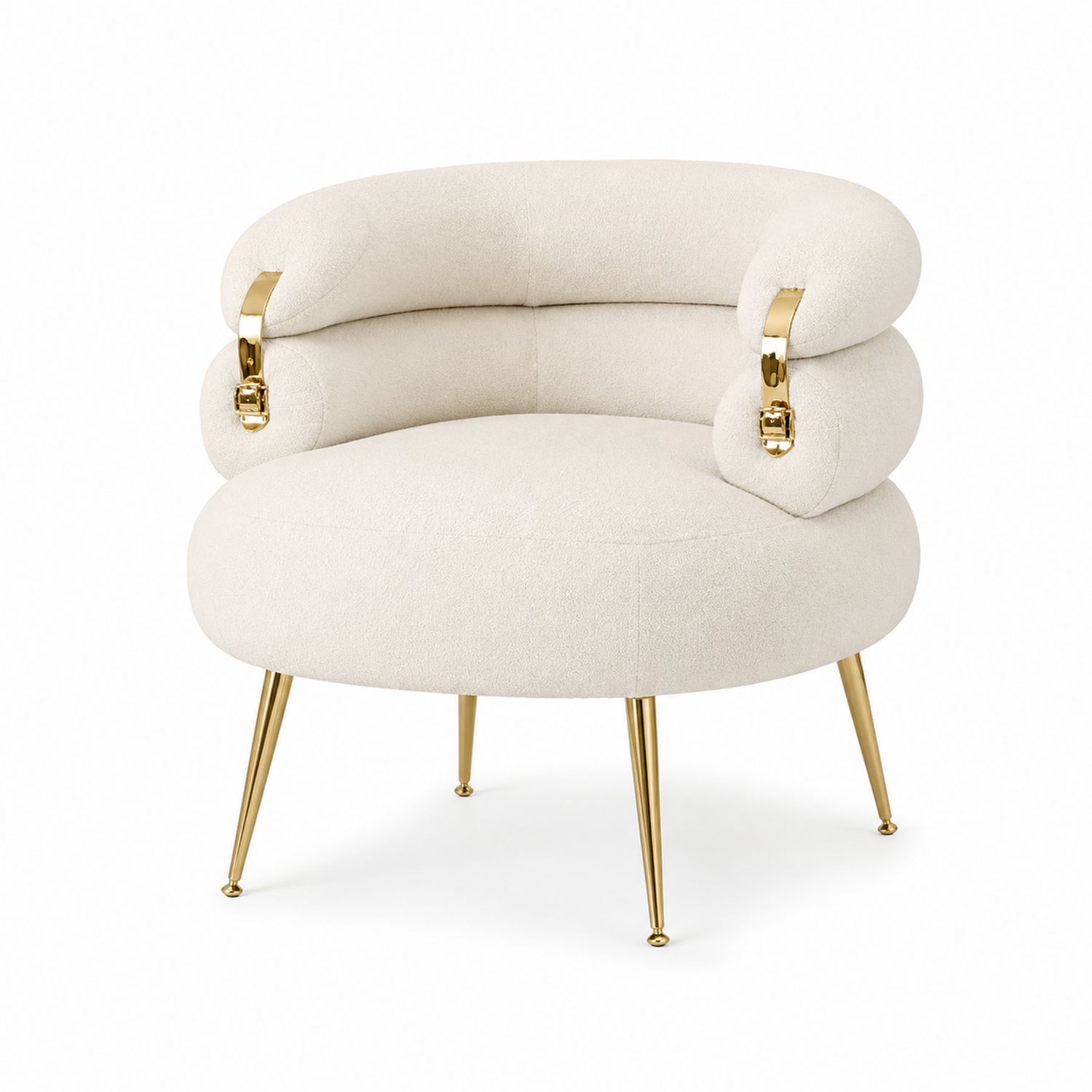 Fauteuil arrondi en tissu polyester blanc avec pieds en métal doré