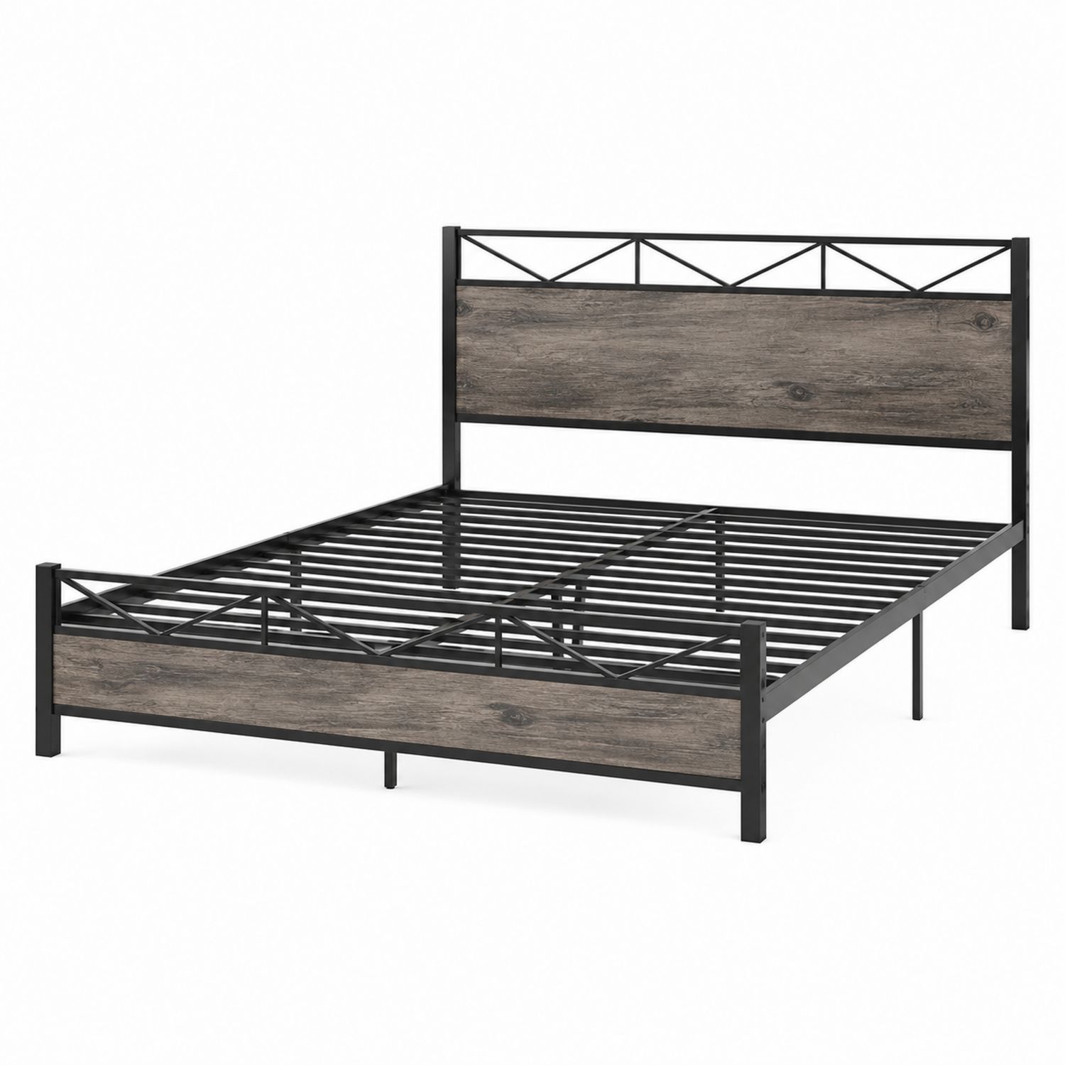 Lit double en métal et bois de chêne 200x160 cm Noir et Marron