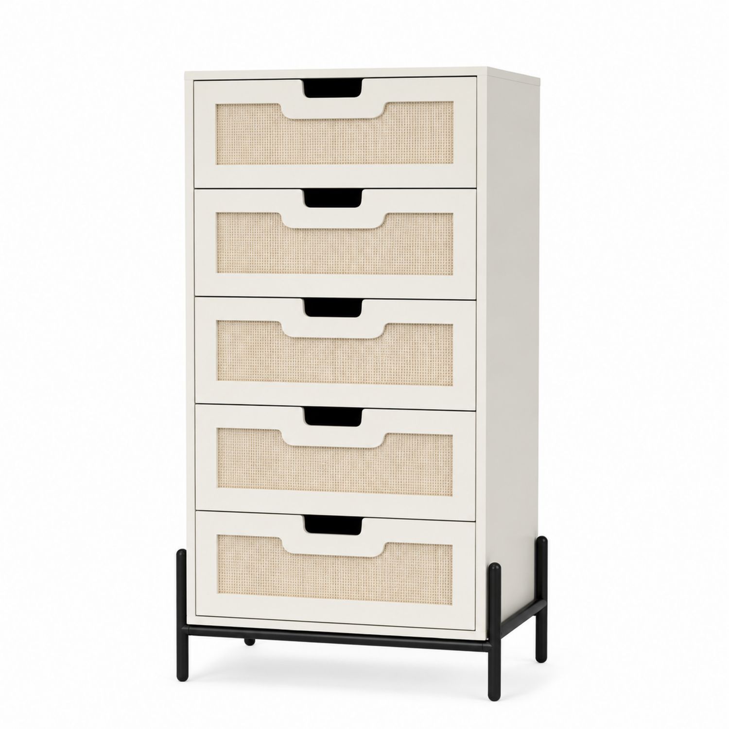 Commode à 5 tiroirs en bois et rotin avec cadre métallique Noir et Blanc