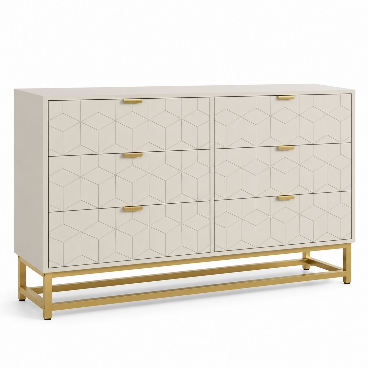 Commode en bois laqué blanc à 6 tiroirs avec pieds en métal doré