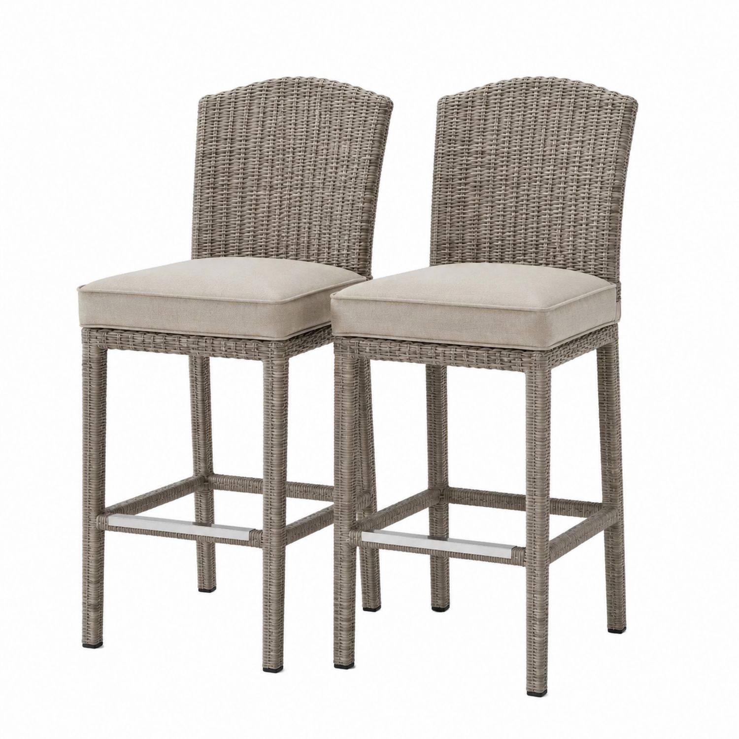 Paire de tabourets de bar en résine tressée avec coussin beige