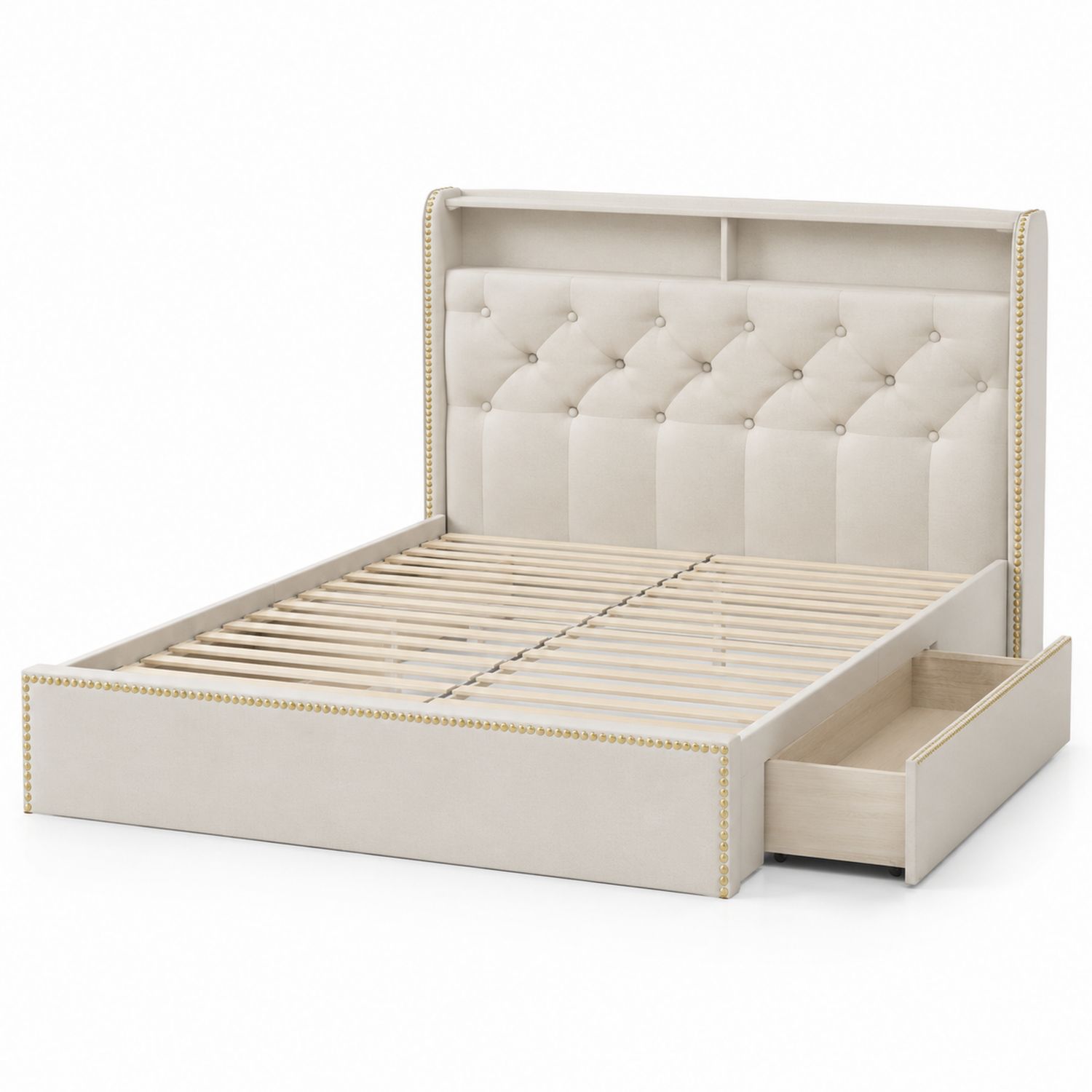 Lit double en bois avec rangement en tissu beige