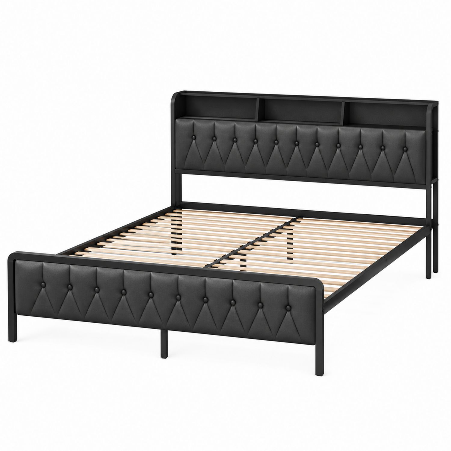 Lit double en métal et PU noir avec rangement intégré