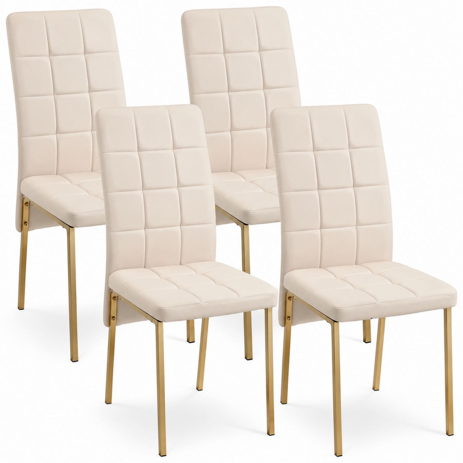 Lot de 4 chaises en cuir synthétique crème avec pieds métalliques dorés